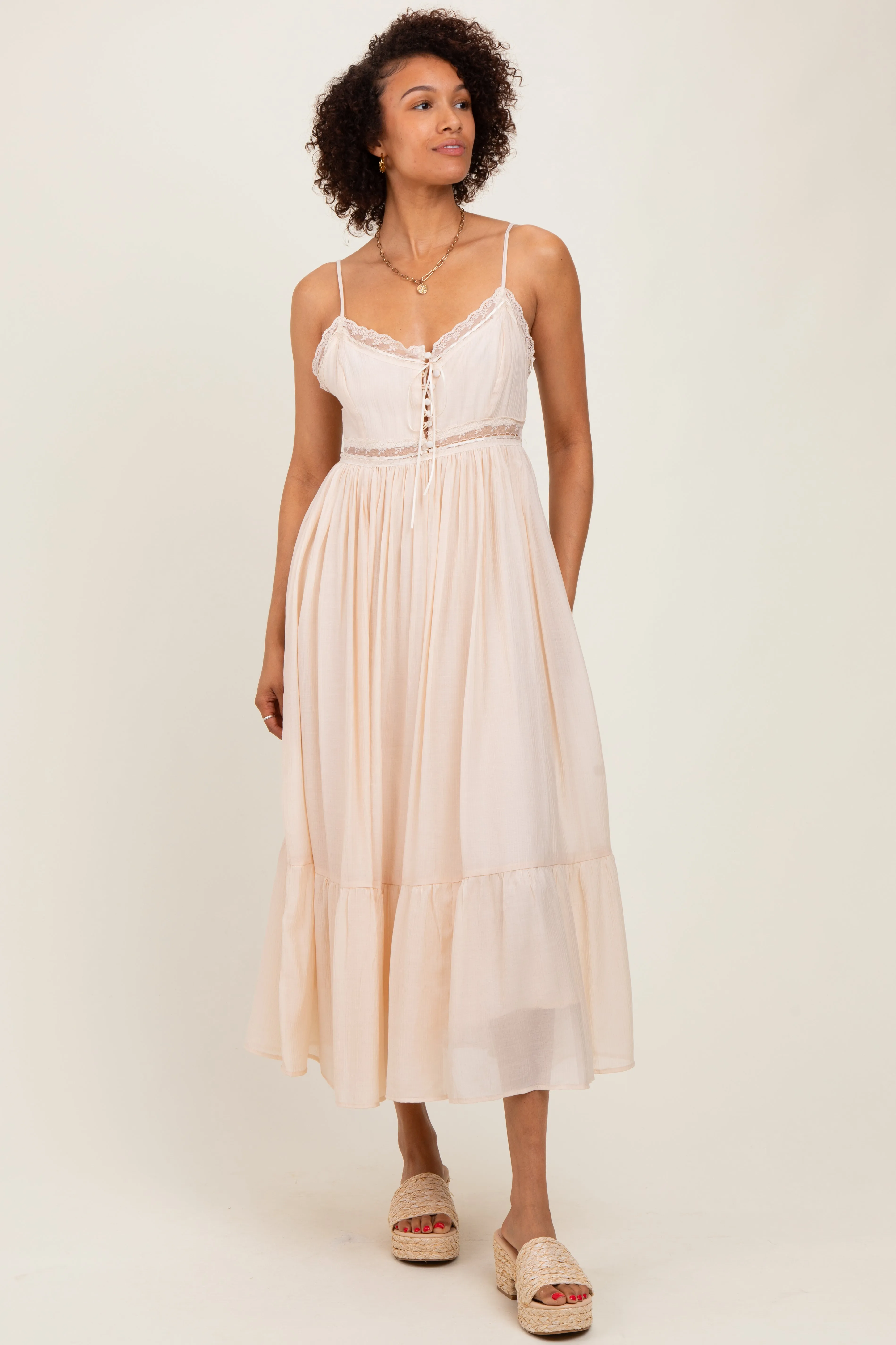Cream Lace Detail Button Front Sleeveless Midi Dress sold by Pinkblush product image thumbnail 2