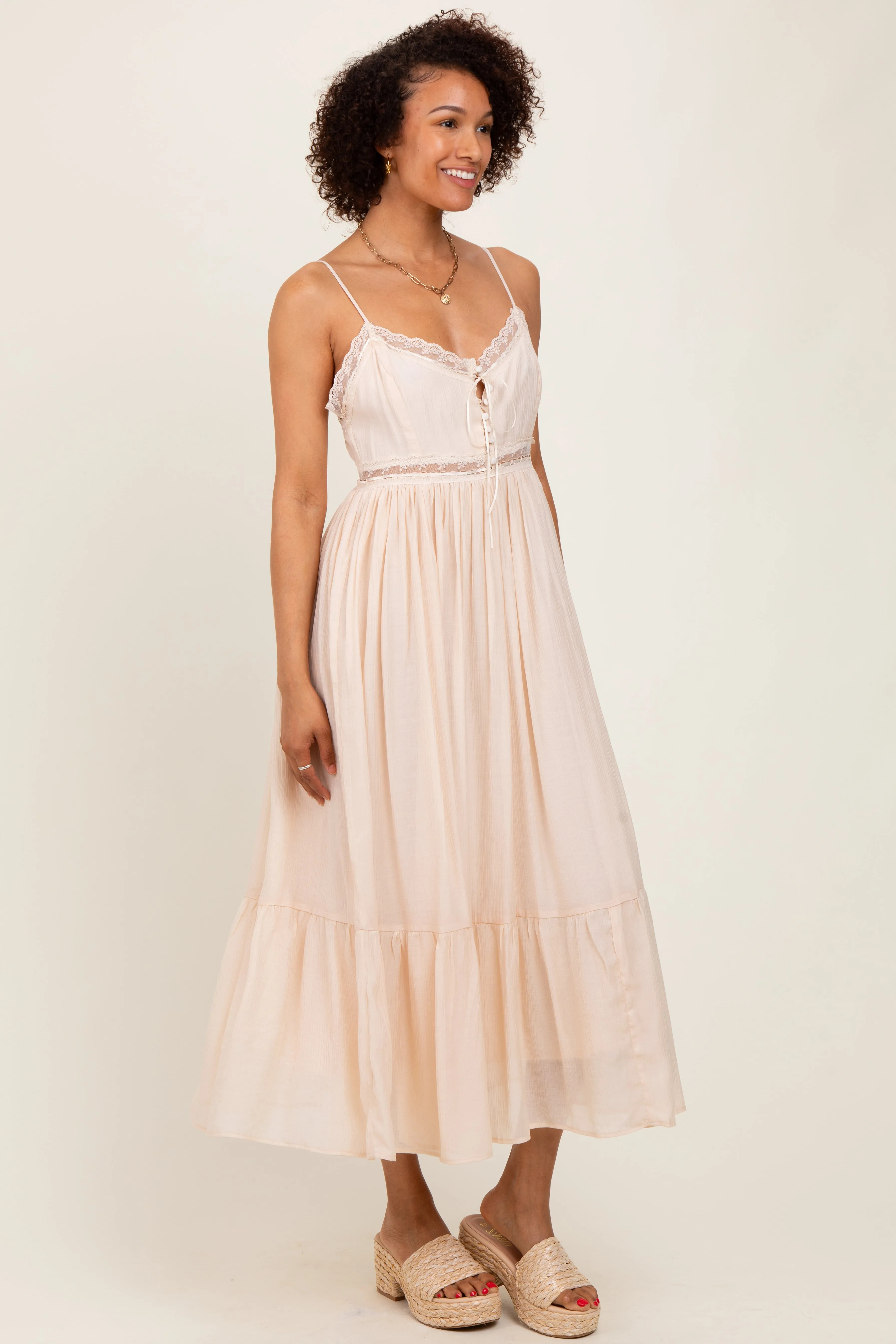 Cream Lace Detail Button Front Sleeveless Midi Dress sold by Pinkblush product image thumbnail 3