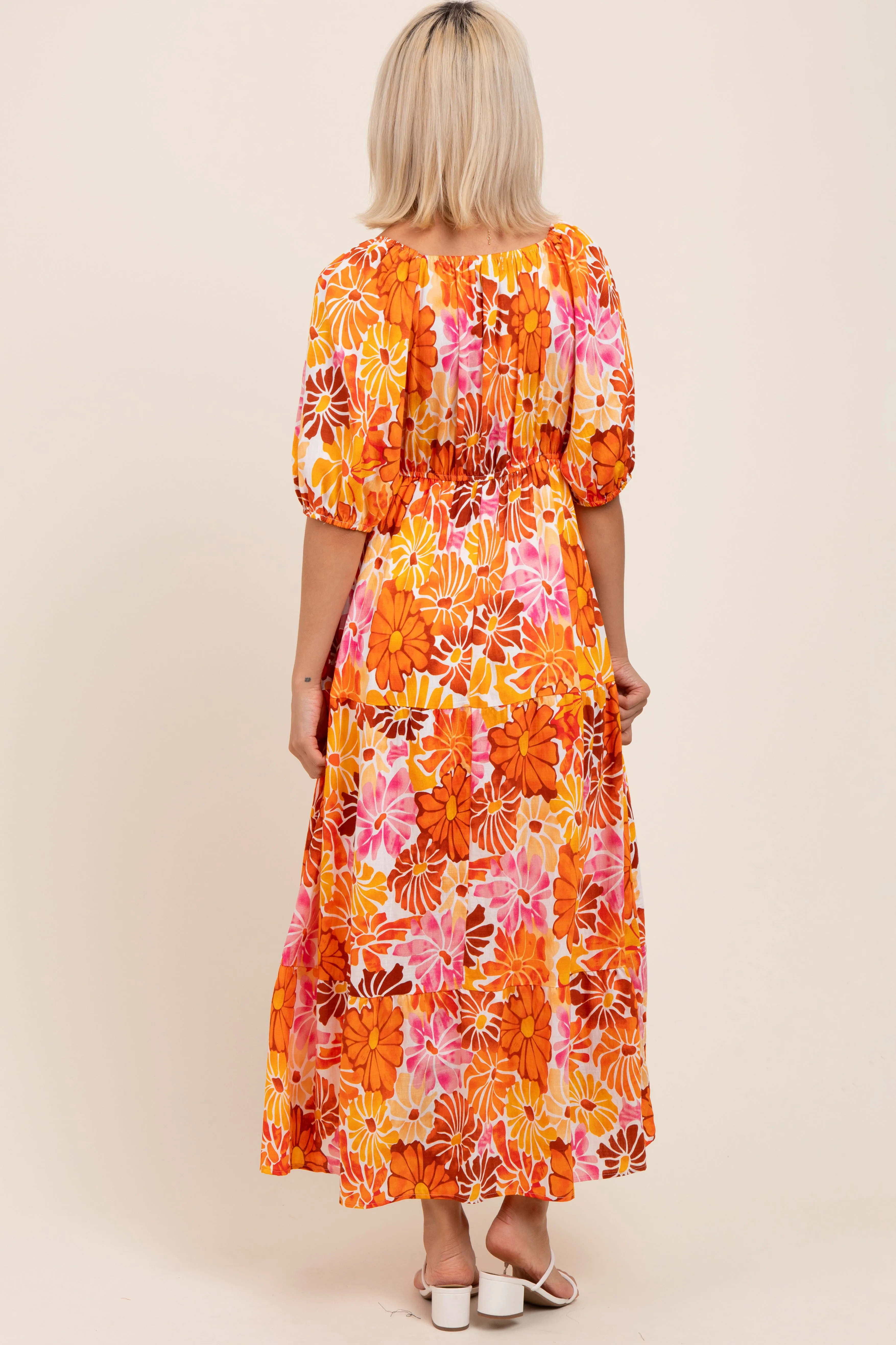 Orange Floral Tiered Puff Sleeve Maternity Midi Dress sold by Pinkblush product image thumbnail 3