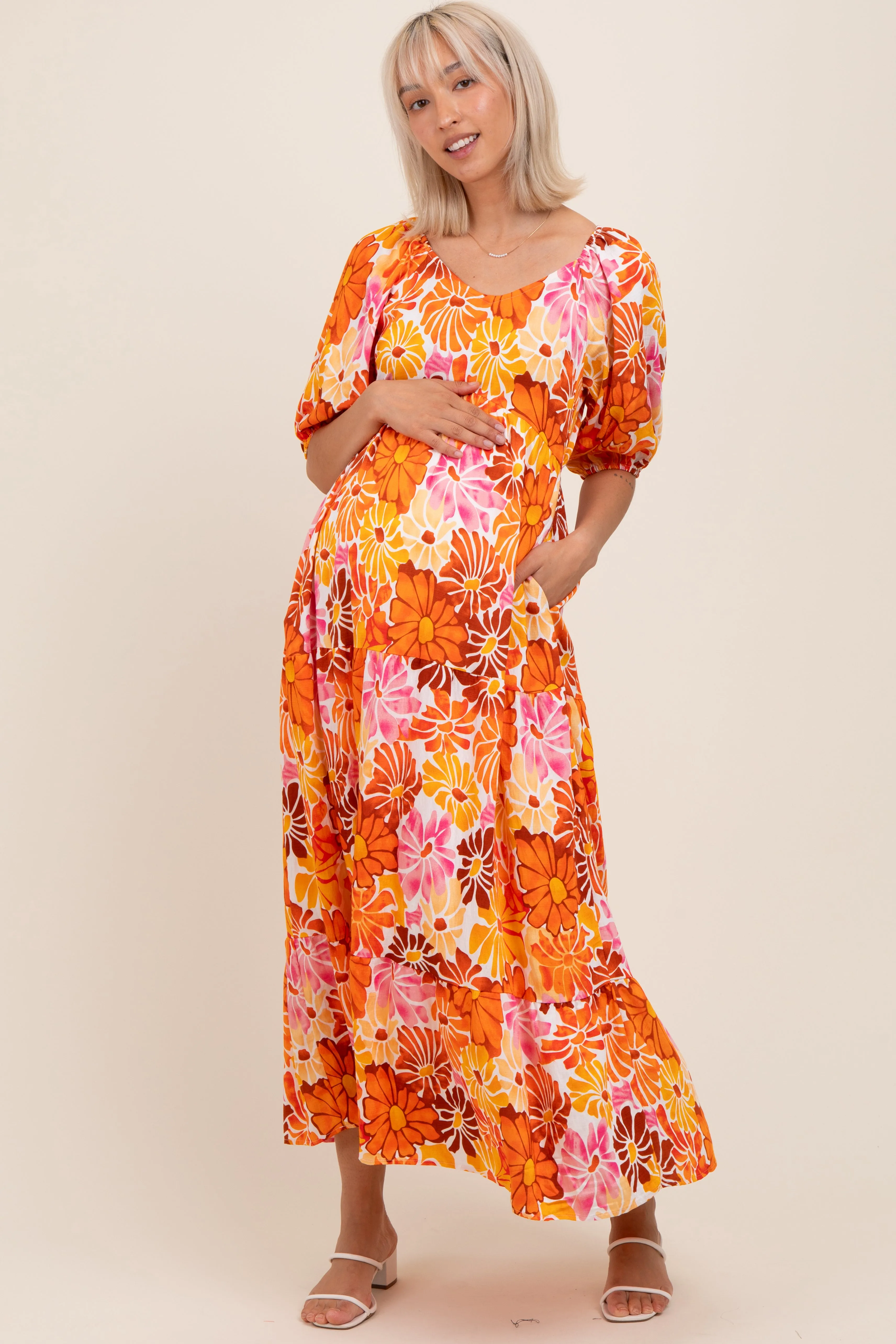 Orange Floral Tiered Puff Sleeve Maternity Midi Dress sold by Pinkblush