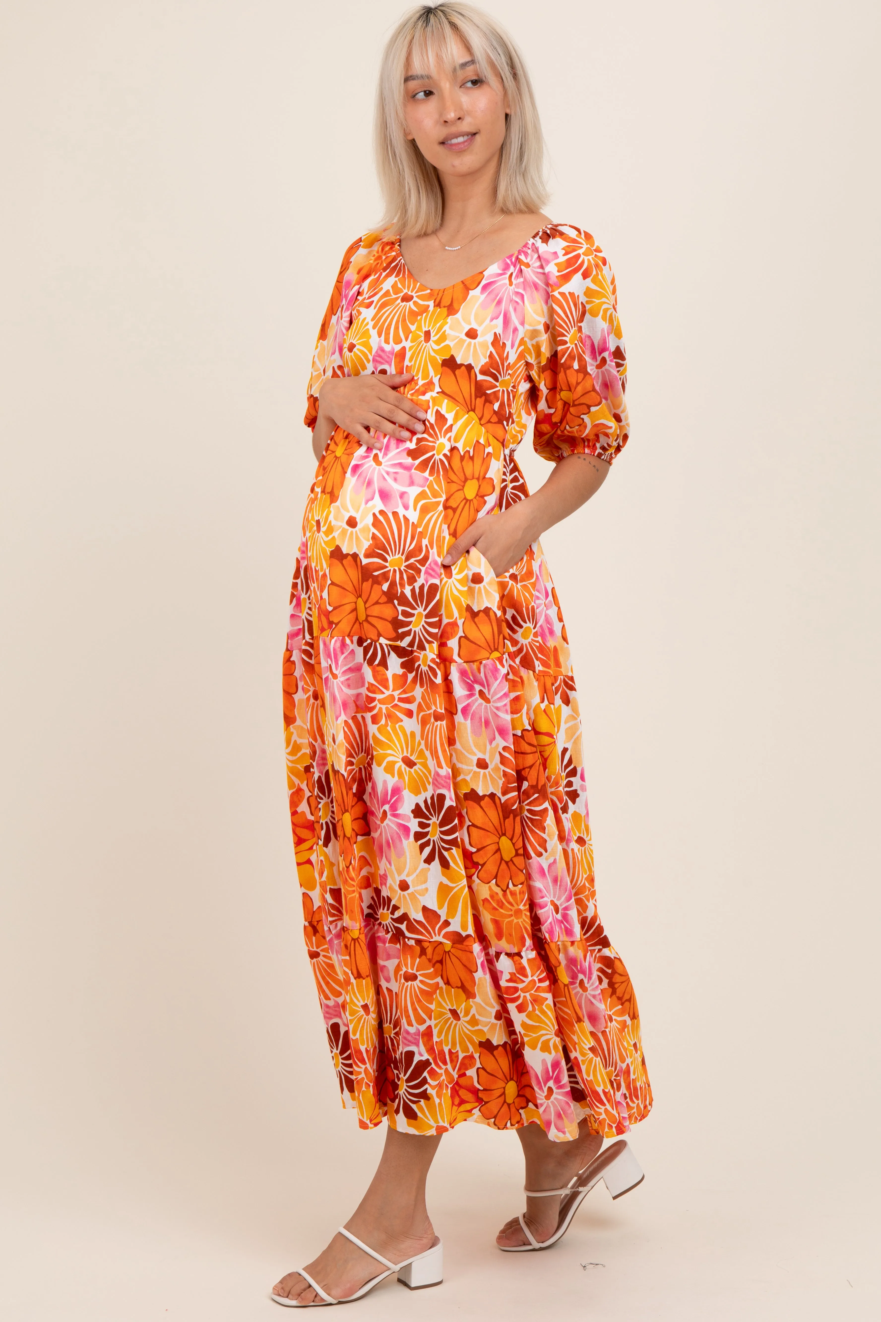 Orange Floral Tiered Puff Sleeve Maternity Midi Dress sold by Pinkblush product image thumbnail 2