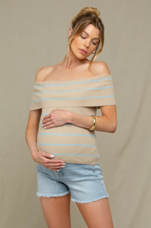 Taupe Striped Off The Shoulder Sweater Maternity Top sold by Pinkblush