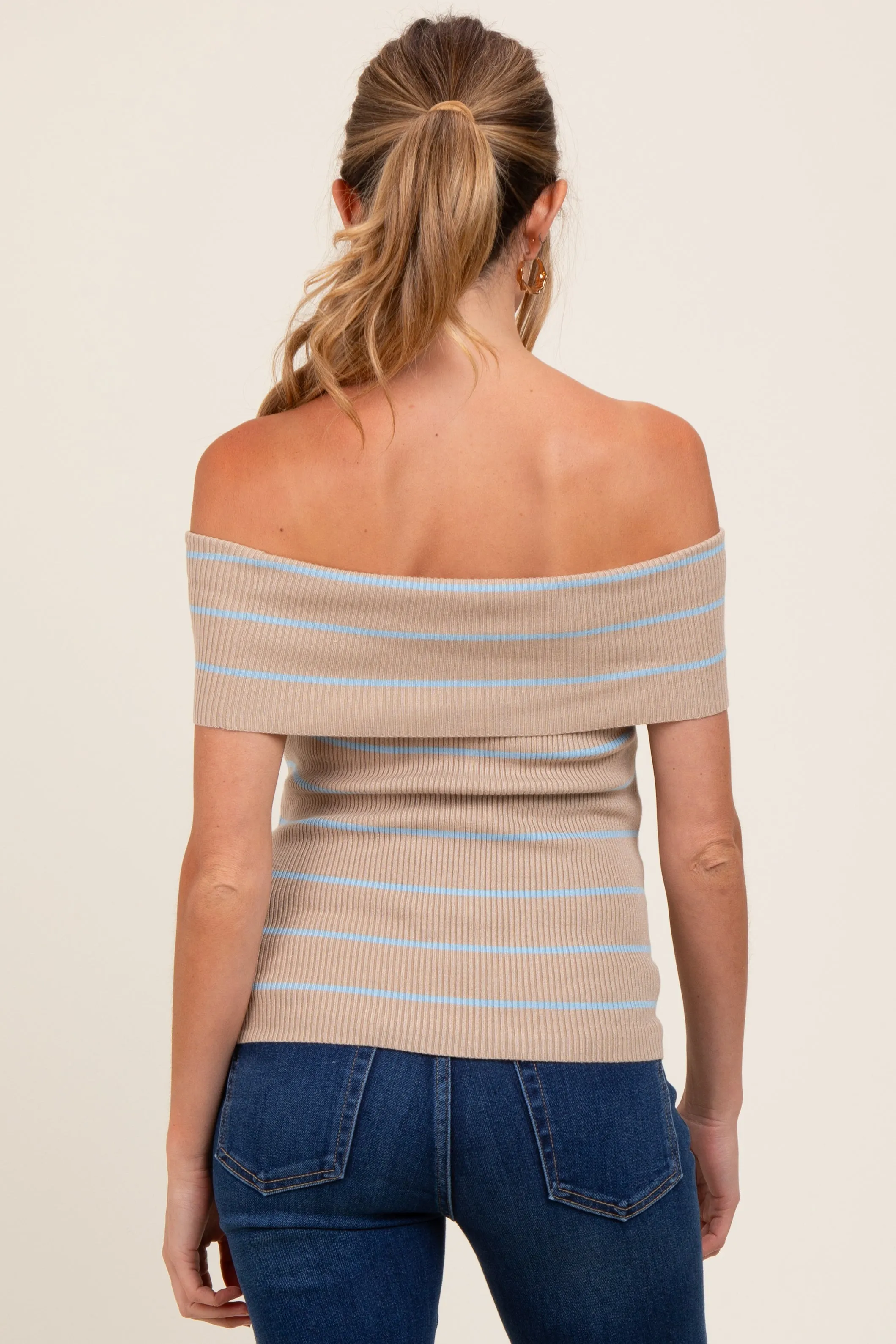 Taupe Striped Off The Shoulder Sweater Maternity Top sold by Pinkblush product image thumbnail 5