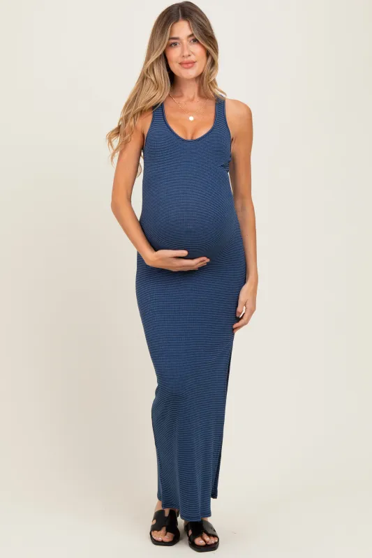Navy Striped Side Slit Maternity Maxi Dress sold by Pinkblush