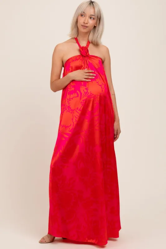 Fuchsia Multi Halter Flower Neck Accent Maternity Maxi Dress sold by Pinkblush