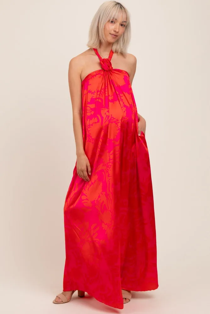 Fuchsia Multi Halter Flower Neck Accent Maternity Maxi Dress sold by Pinkblush product image thumbnail 2