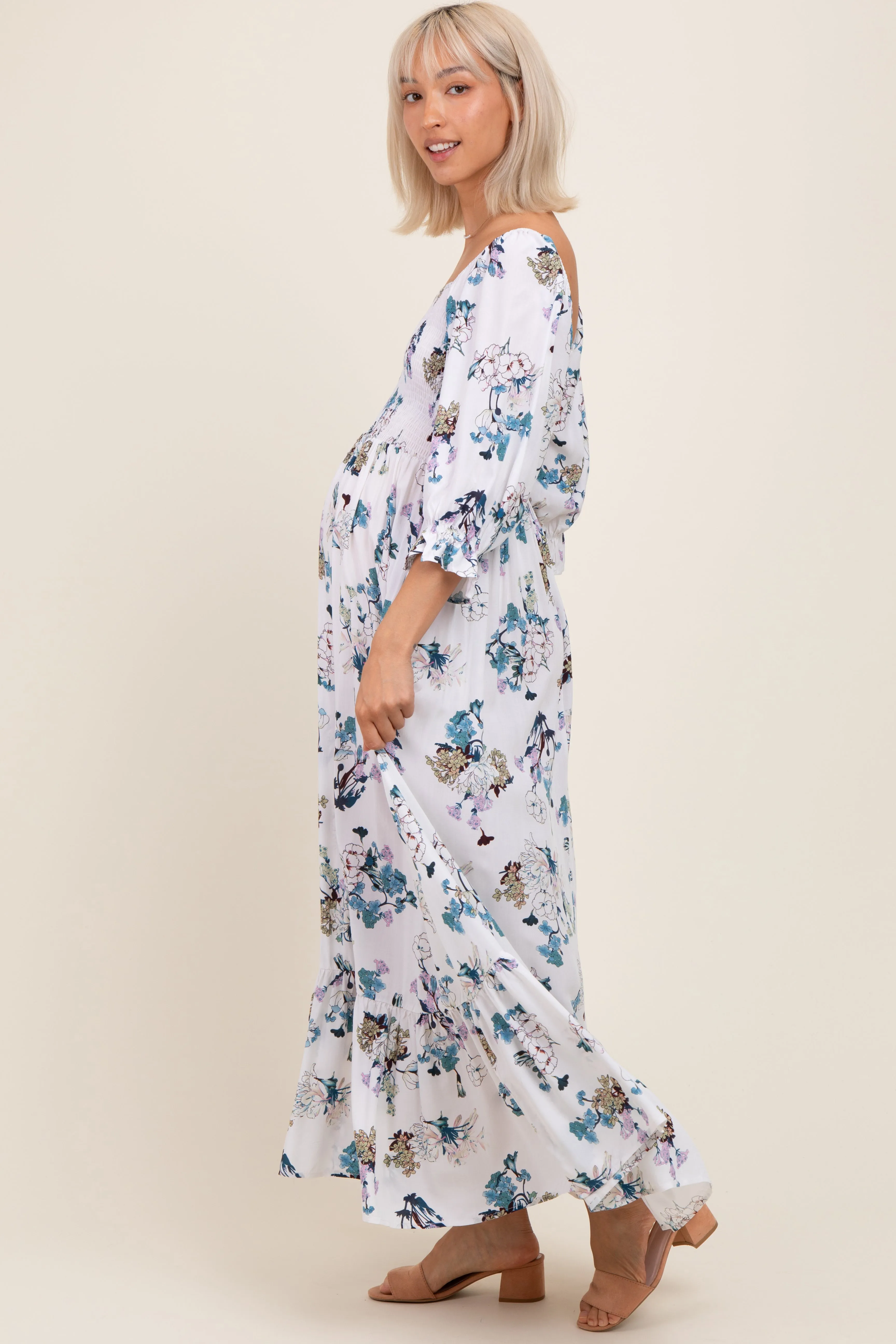 White Floral Sweetheart Puff Sleeve Maternity Maxi Dress sold by Pinkblush