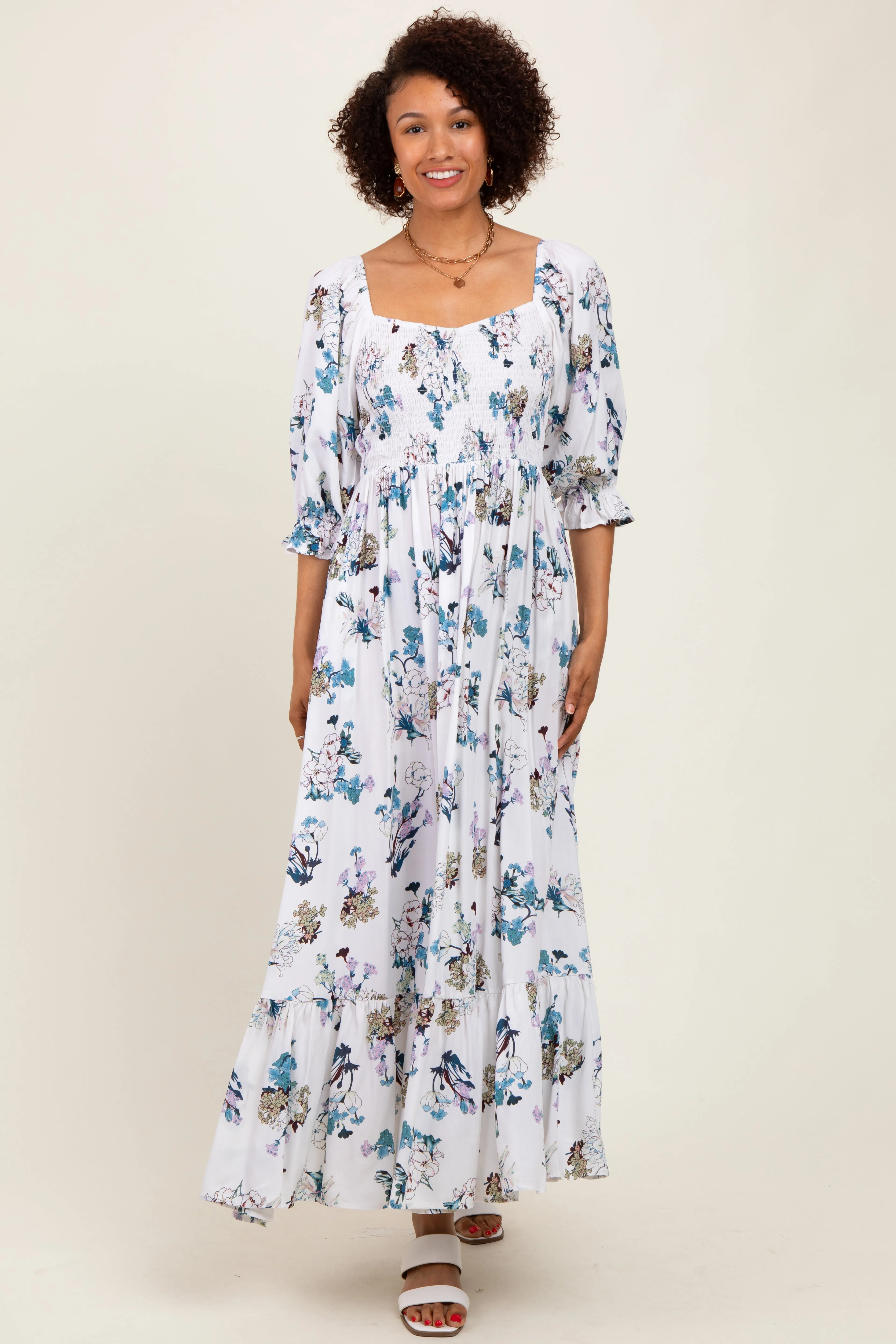 White Floral Sweetheart Puff Sleeve Maternity Maxi Dress sold by Pinkblush product image thumbnail 3