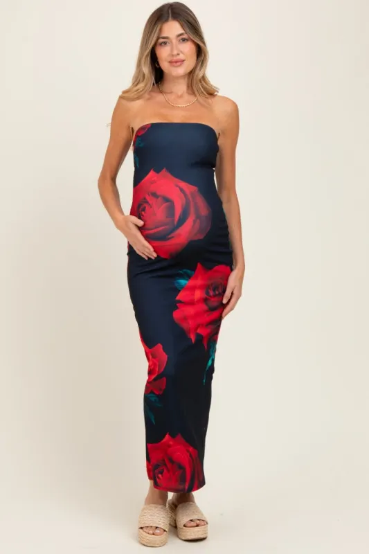 Navy Floral Strapless Maternity Maxi Dress sold by Pinkblush