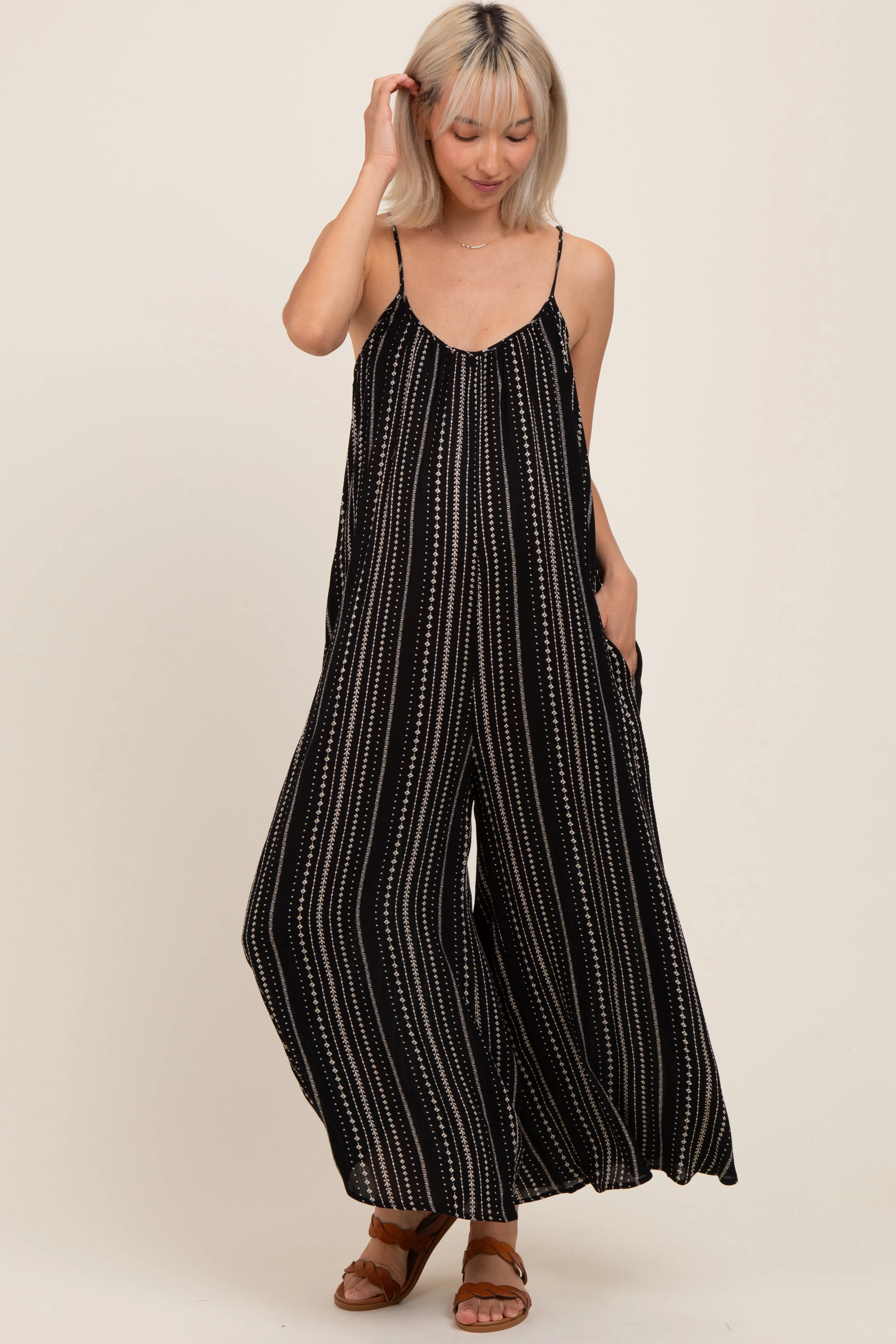 Black Printed Sleeveless Wide Leg Maternity Jumpsuit sold by Pinkblush product image thumbnail 2