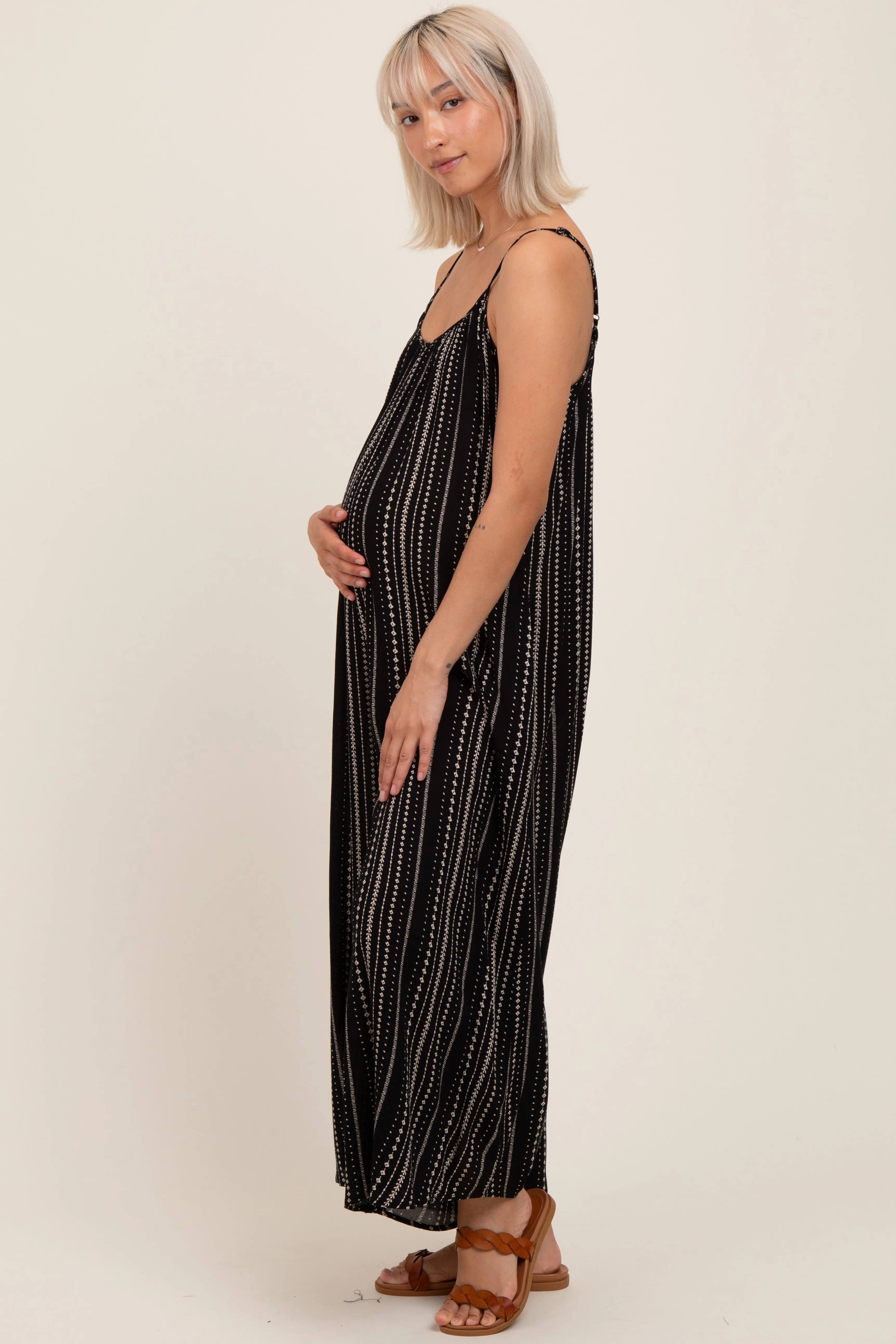 Black Printed Sleeveless Wide Leg Maternity Jumpsuit sold by Pinkblush product image thumbnail 3