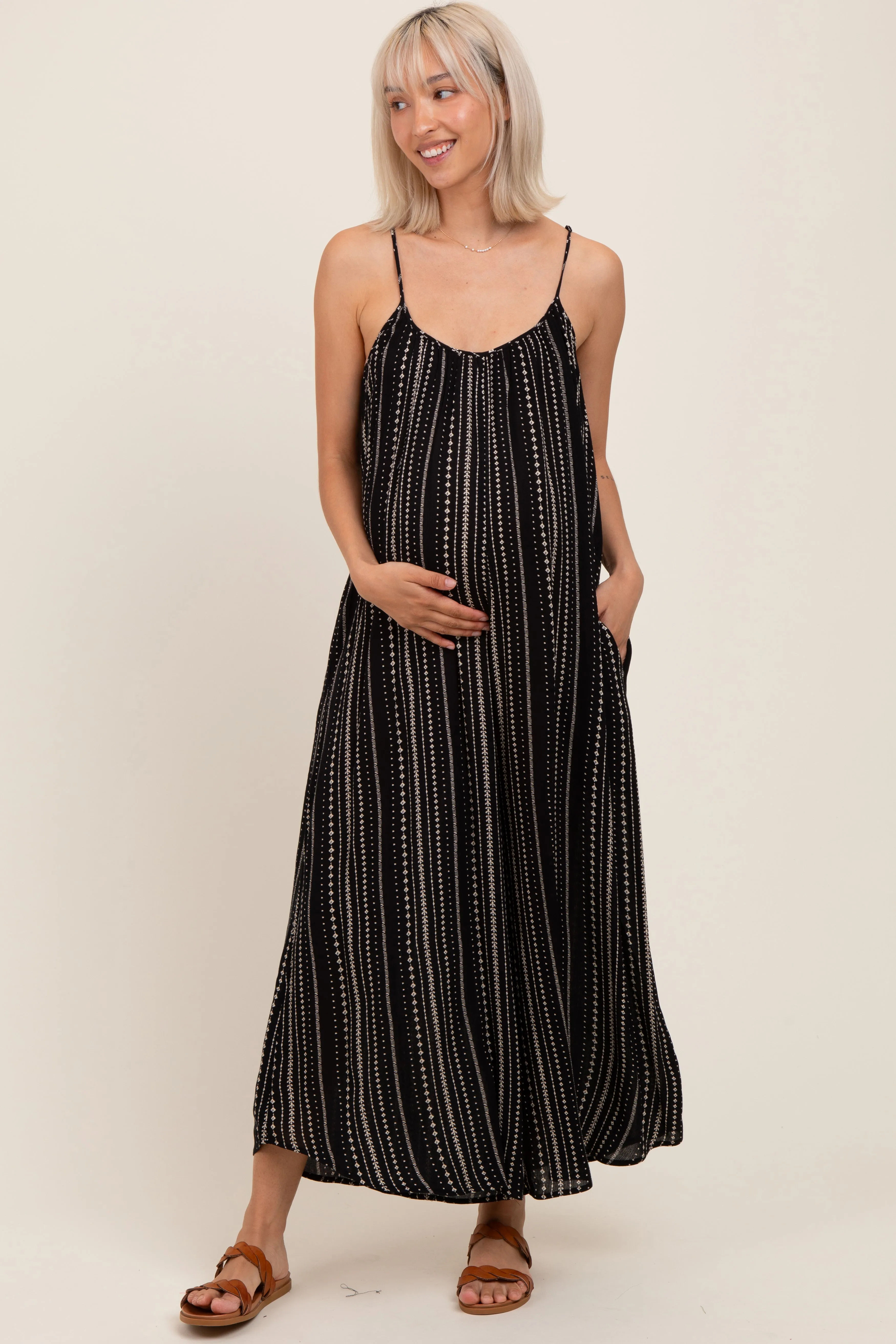Black Printed Sleeveless Wide Leg Maternity Jumpsuit sold by Pinkblush