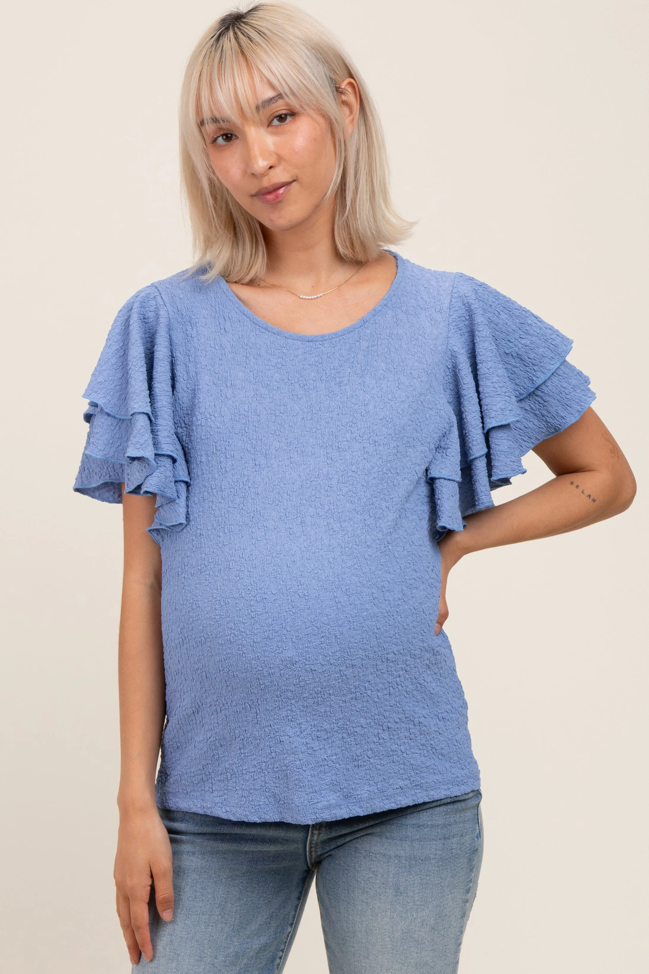 Blue Textured Ruffle Sleeve Maternity Top sold by Pinkblush