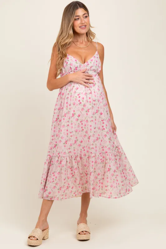 Pink Floral V-Neck Sleeveless Side Tie Maternity Midi Dress sold by Pinkblush