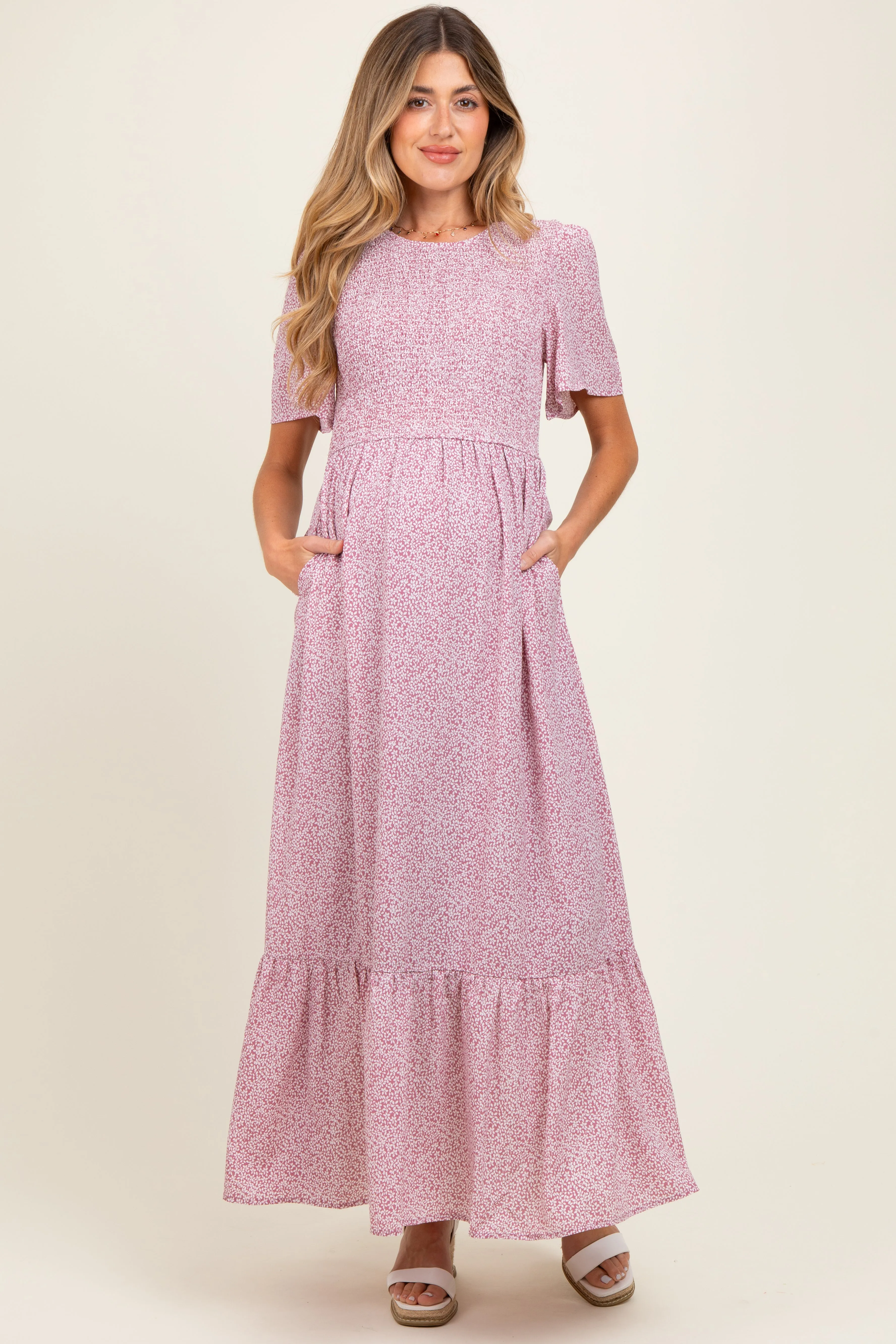 Mauve Floral Smocked Maternity Midi Dress sold by Pinkblush product image thumbnail 2