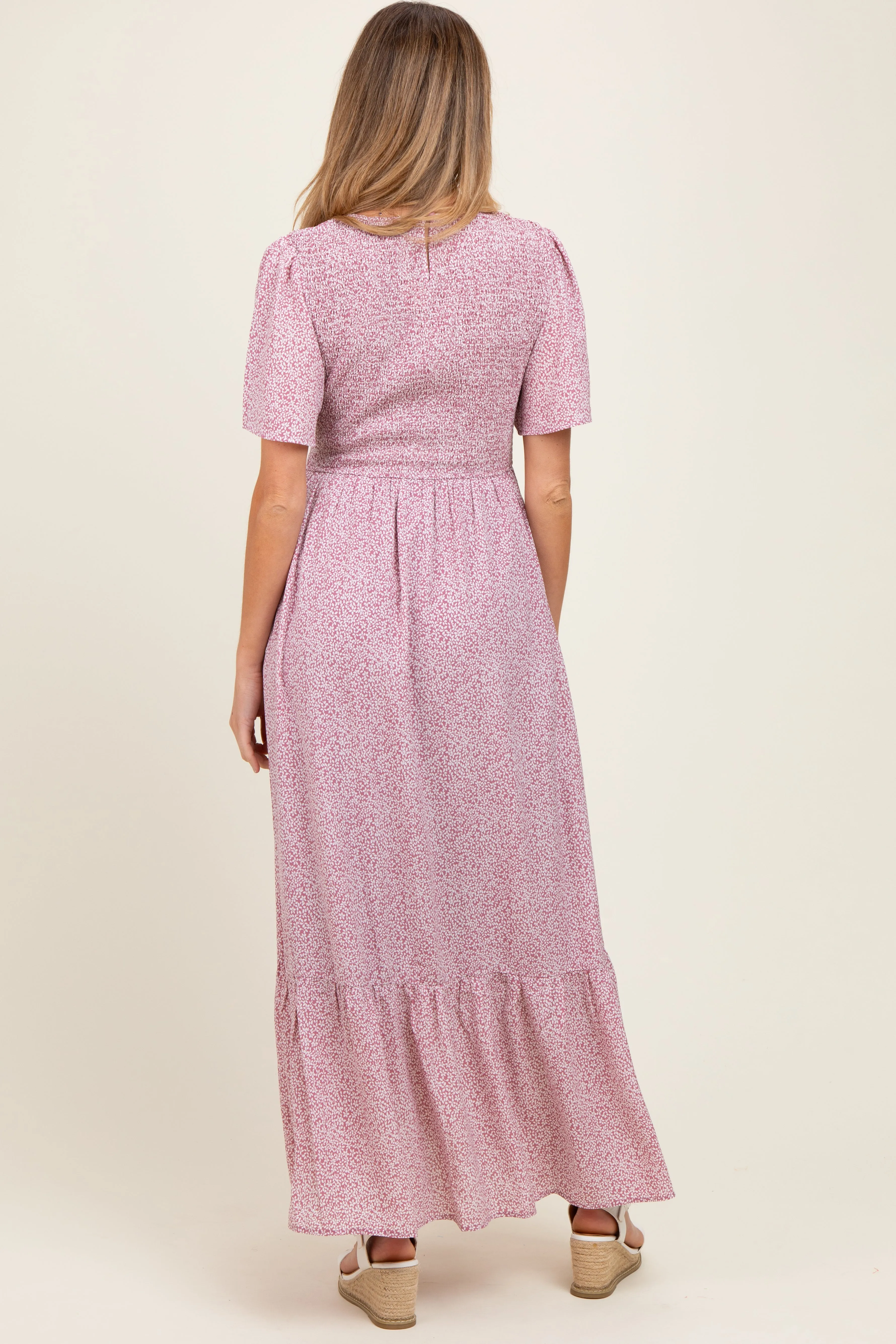 Mauve Floral Smocked Maternity Midi Dress sold by Pinkblush product image thumbnail 3