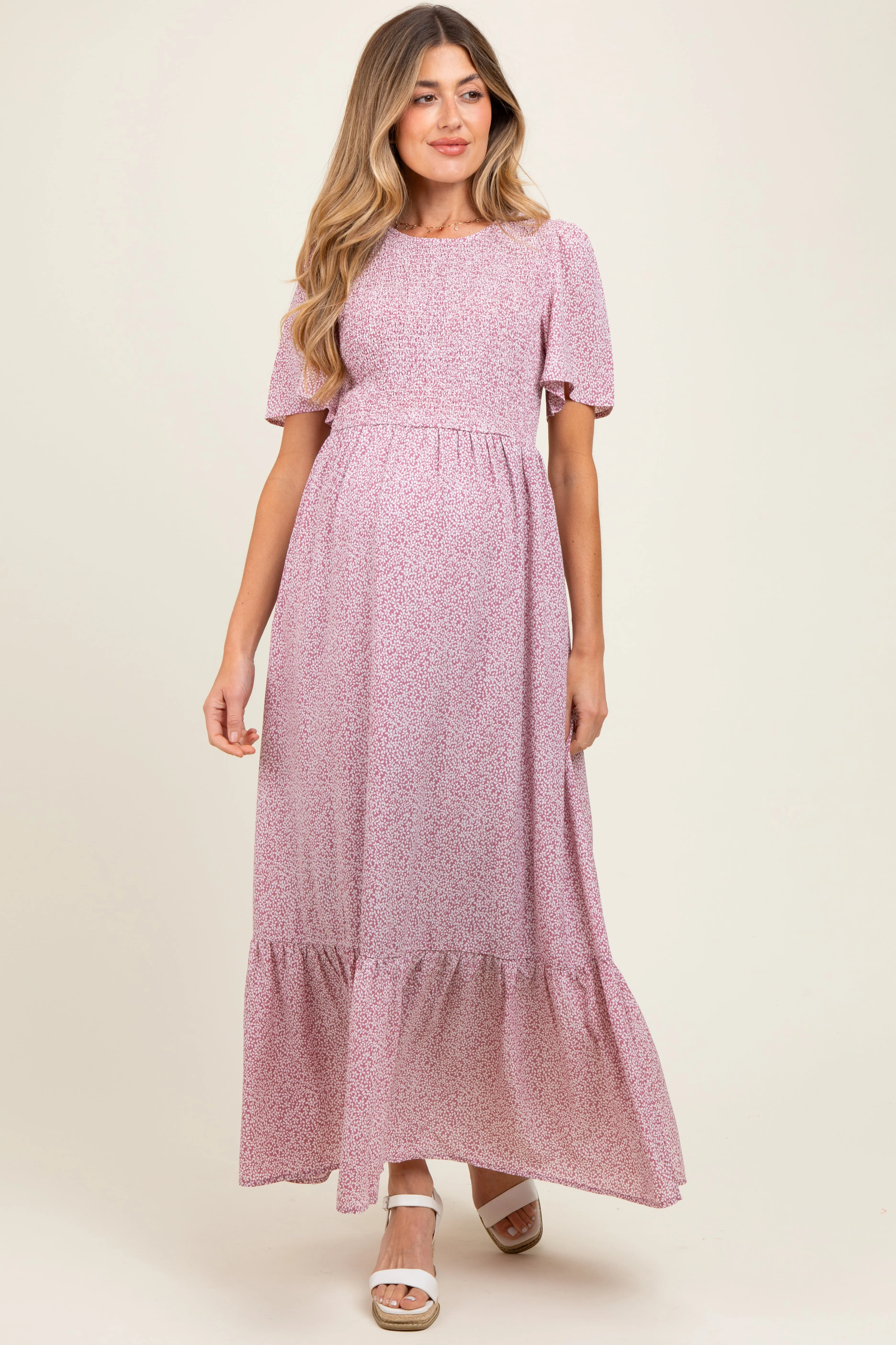 Mauve Floral Smocked Maternity Midi Dress sold by Pinkblush