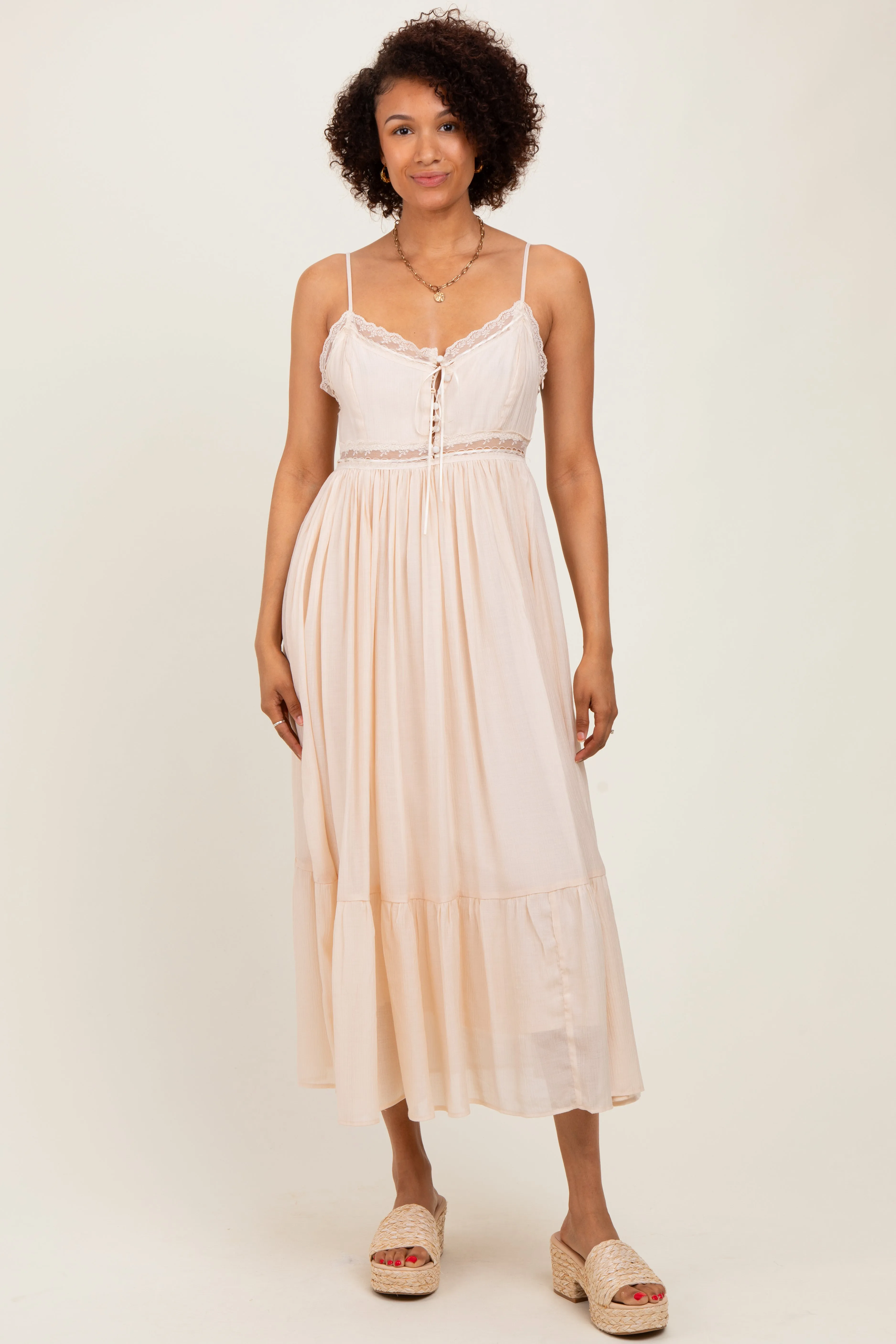 Cream Lace Detail Button Front Sleeveless Maternity Midi Dress sold by Pinkblush product image thumbnail 5