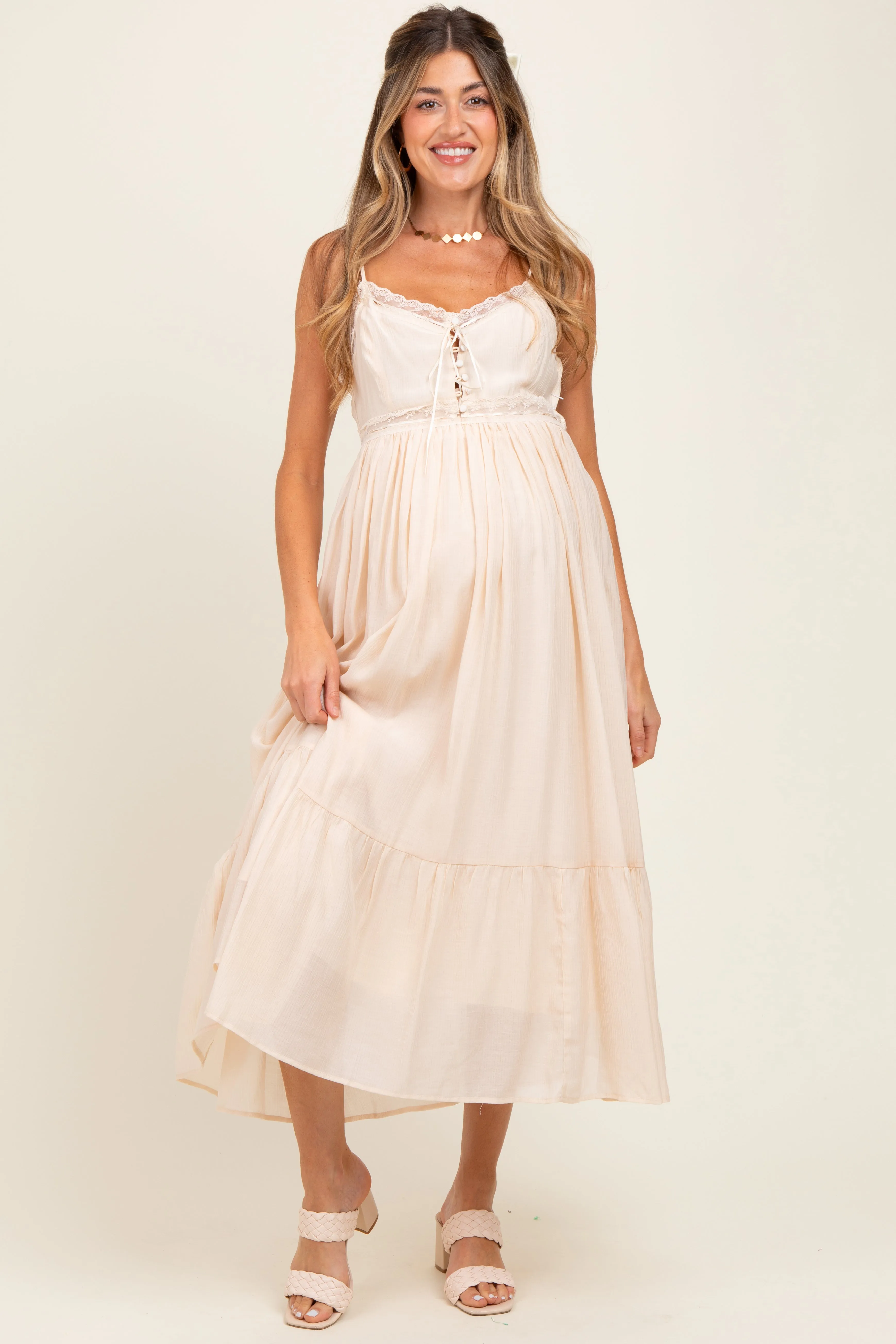 Cream Lace Detail Button Front Sleeveless Maternity Midi Dress sold by Pinkblush product image thumbnail 2