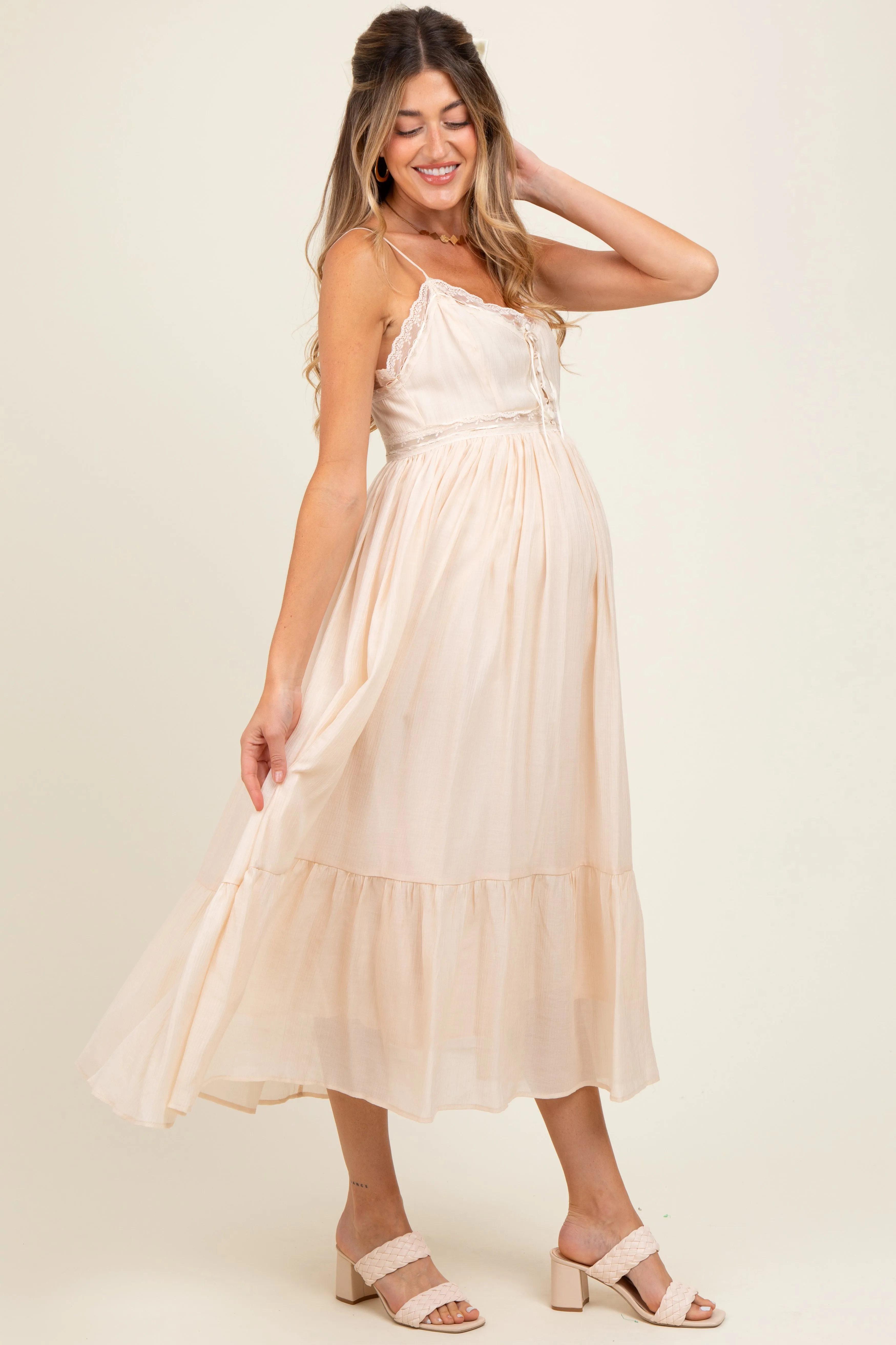 Cream Lace Detail Button Front Sleeveless Maternity Midi Dress sold by Pinkblush product image thumbnail 3