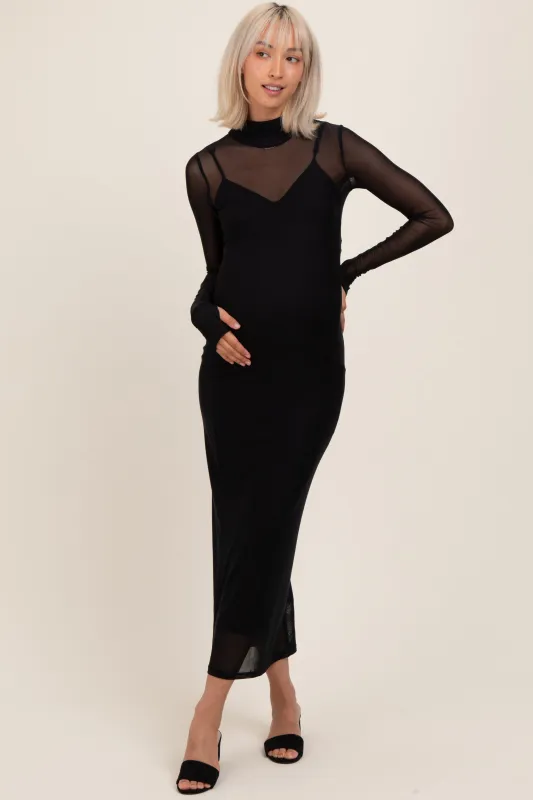 Black Mesh Overlay Long Sleeve Maternity Maxi Dress sold by Pinkblush