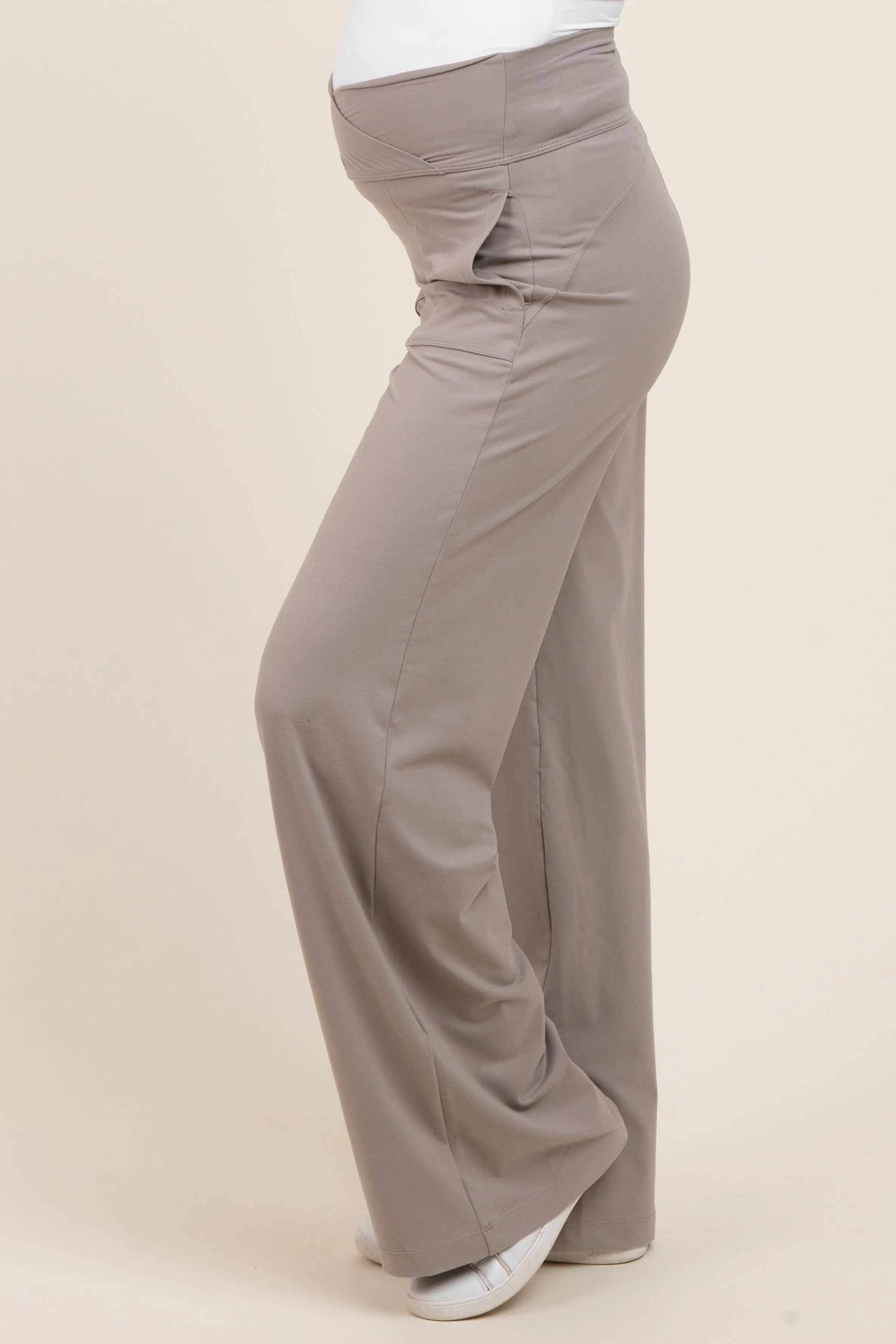 Light Taupe Crossover Waist Active Wide Leg Maternity Pant sold by Pinkblush product image thumbnail 4