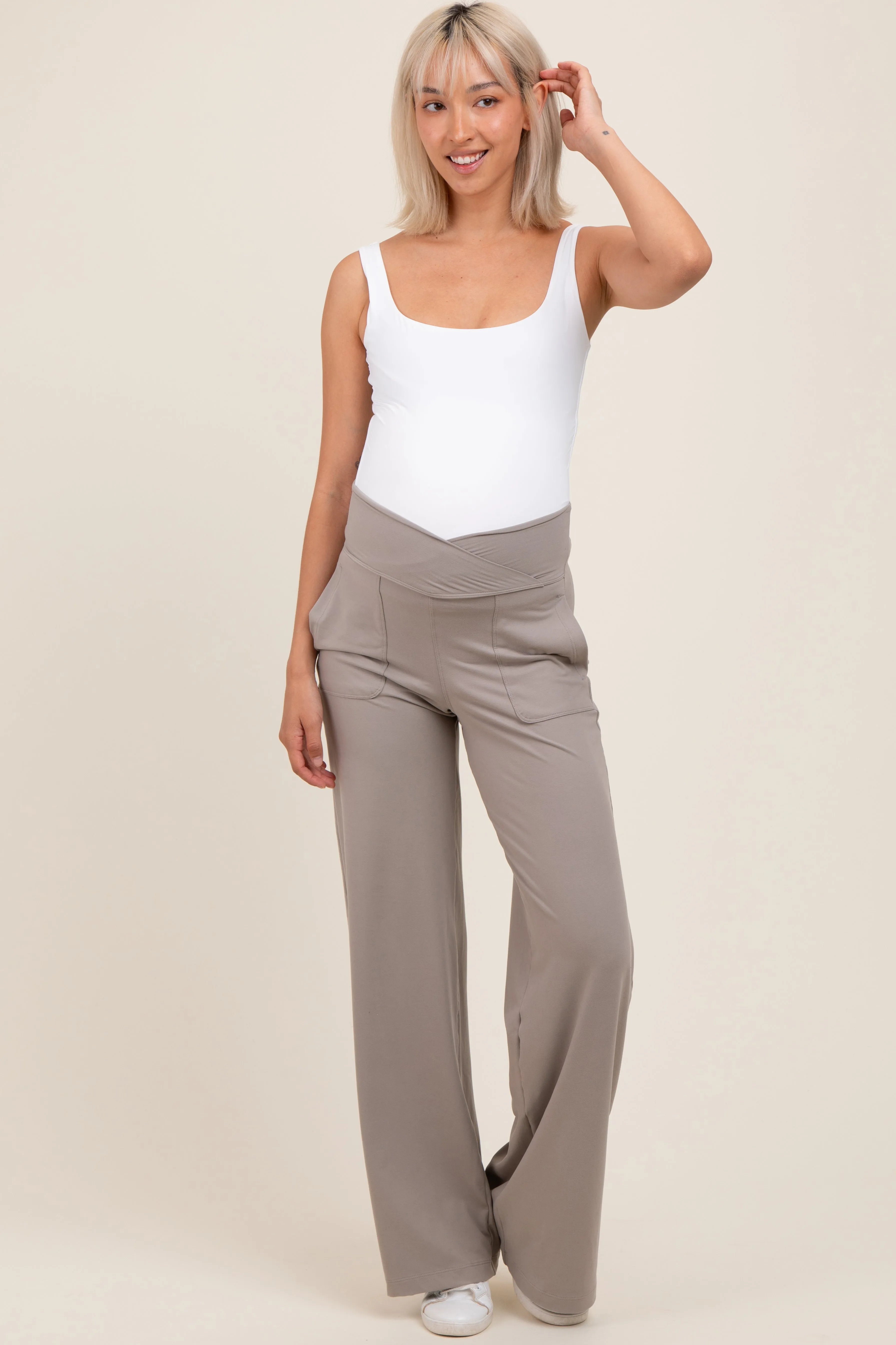 Light Taupe Crossover Waist Active Wide Leg Maternity Pant sold by Pinkblush product image thumbnail 2