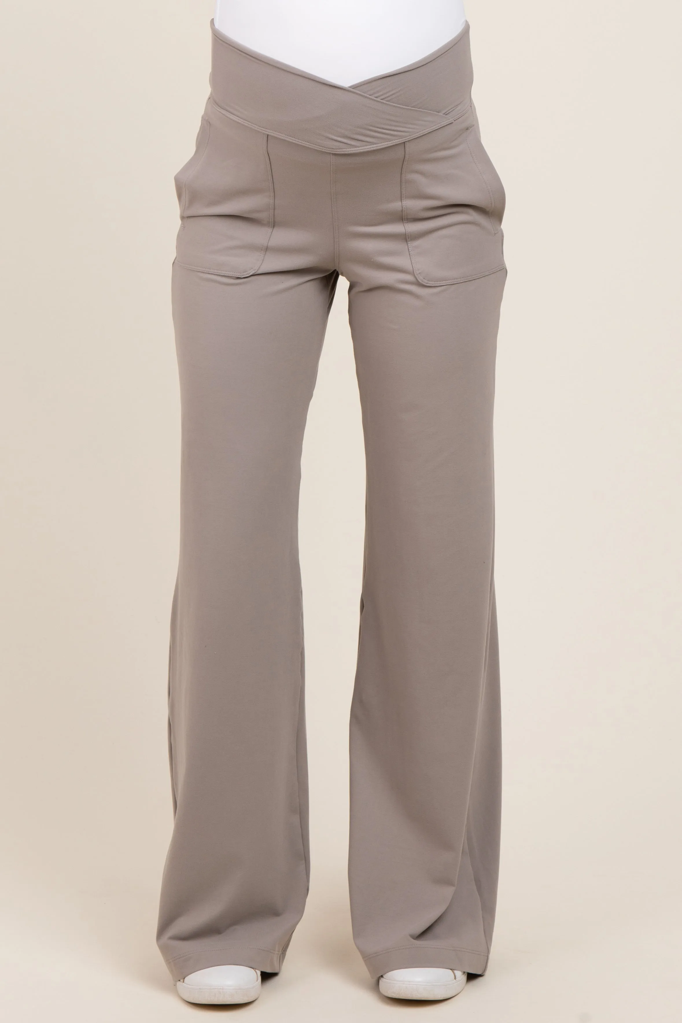 Light Taupe Crossover Waist Active Wide Leg Maternity Pant sold by Pinkblush product image thumbnail 3