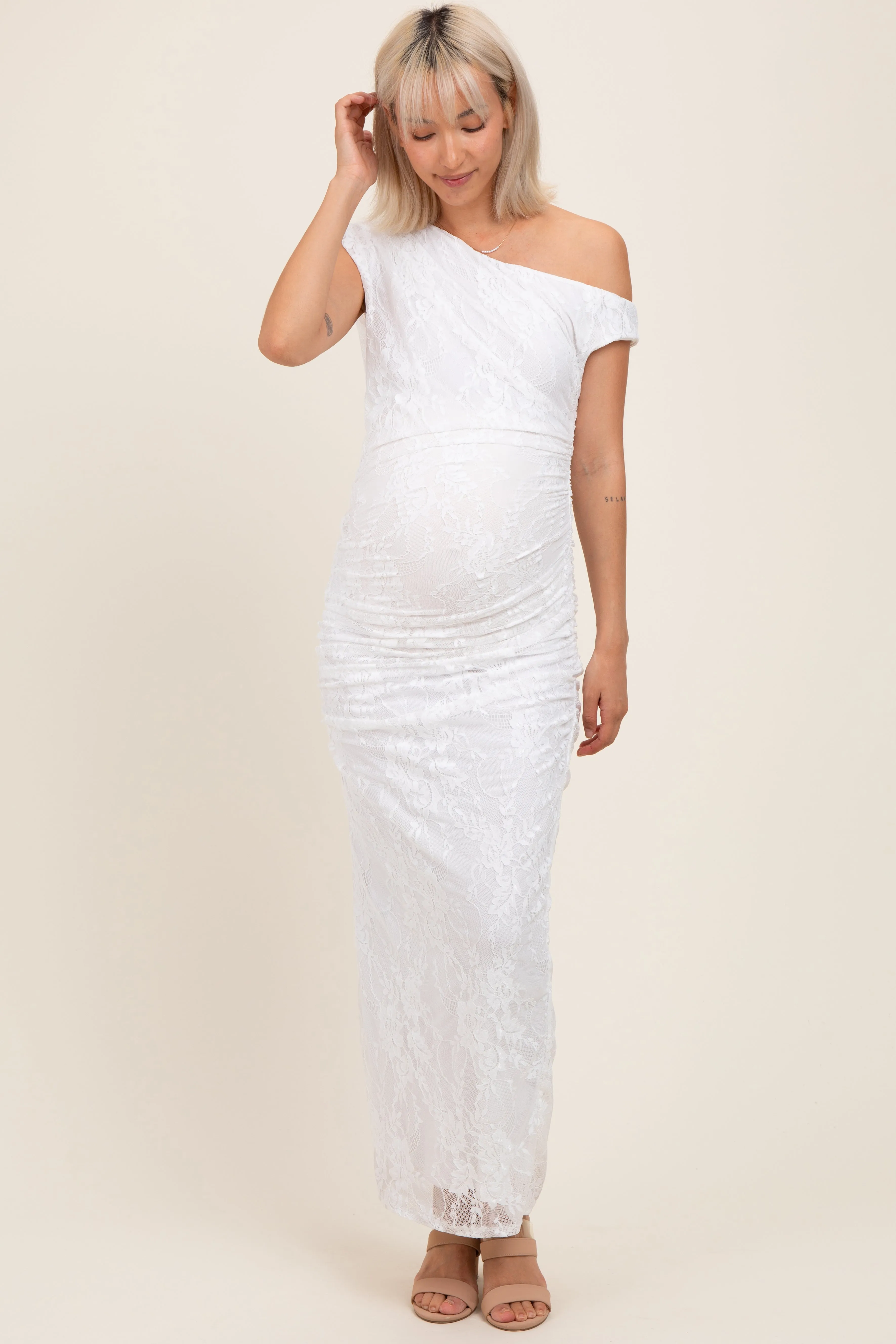 White Lace Asymmetrical Ruched Maternity Maxi Dress sold by Pinkblush product image thumbnail 2