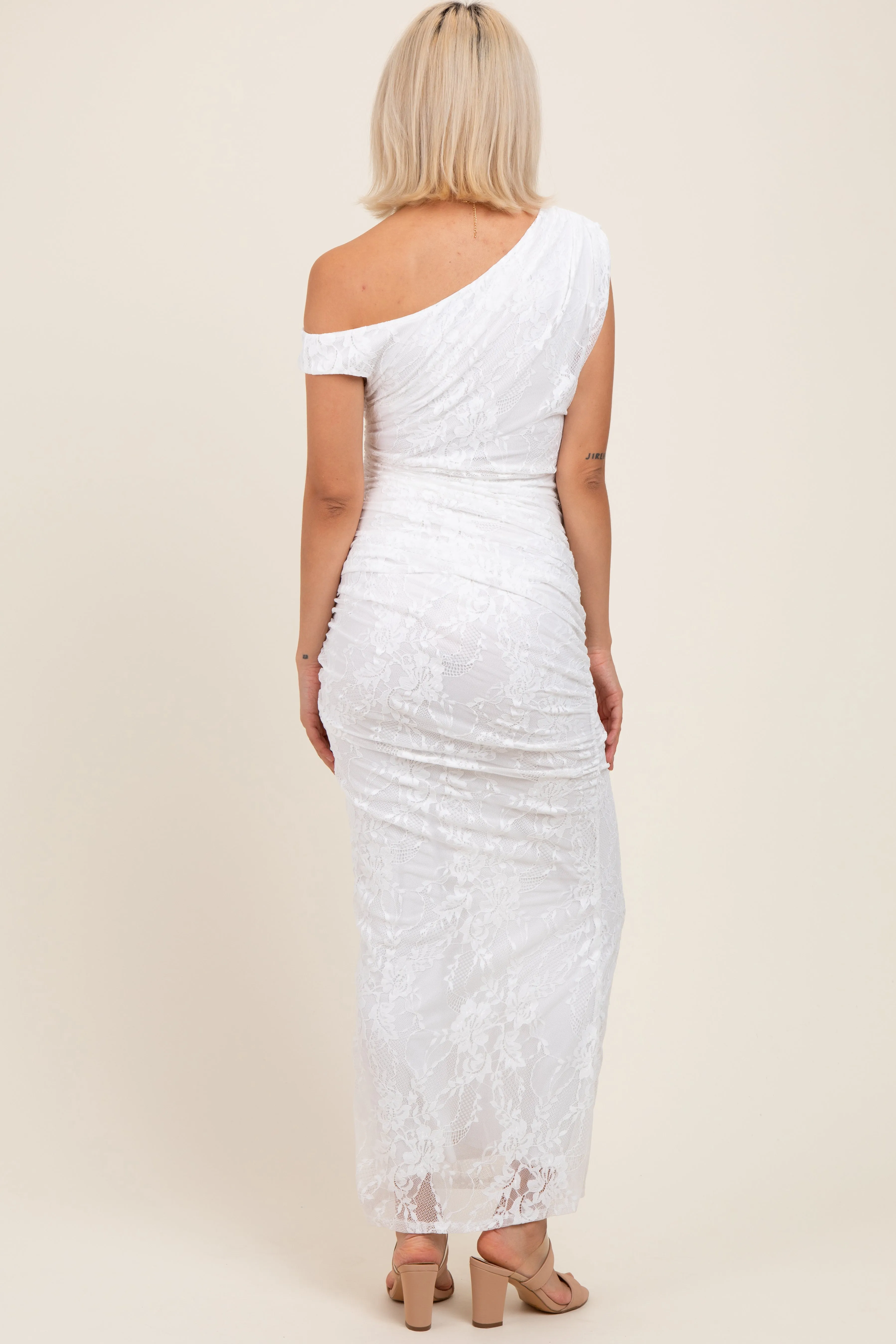 White Lace Asymmetrical Ruched Maternity Maxi Dress sold by Pinkblush product image thumbnail 4