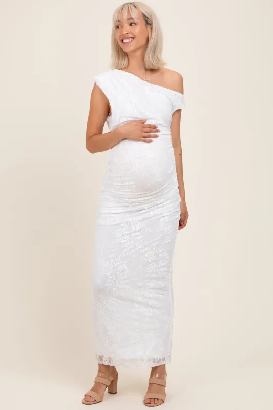 White Lace Asymmetrical Ruched Maternity Maxi Dress sold by Pinkblush