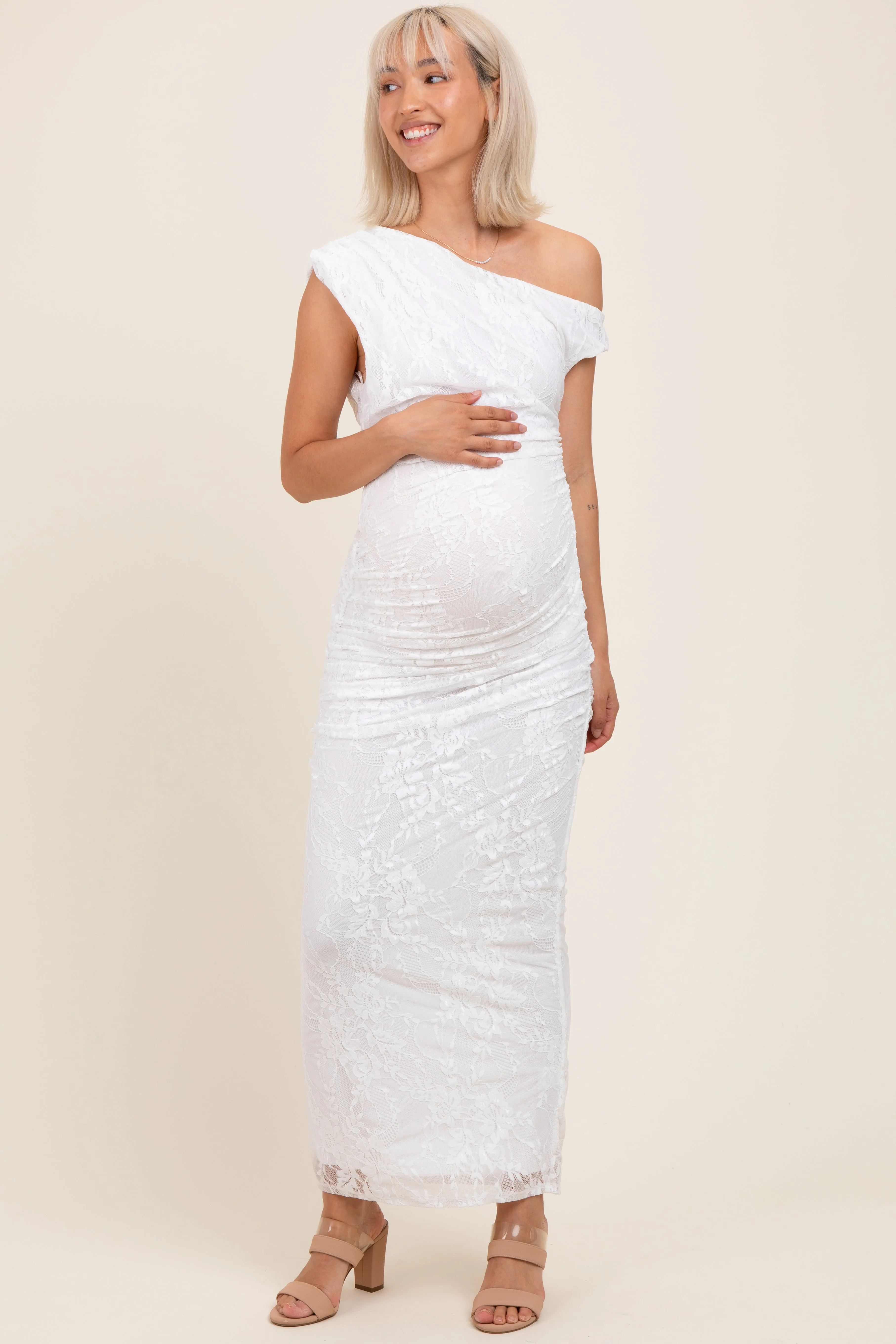 White Lace Asymmetrical Ruched Maternity Maxi Dress sold by Pinkblush