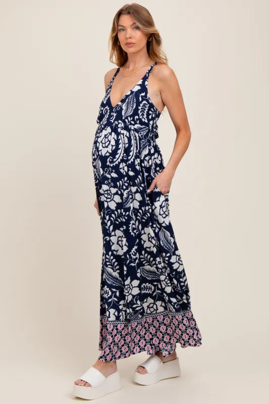 Navy Floral Crisscross Back Cutout Maternity Maxi Dress sold by Pinkblush