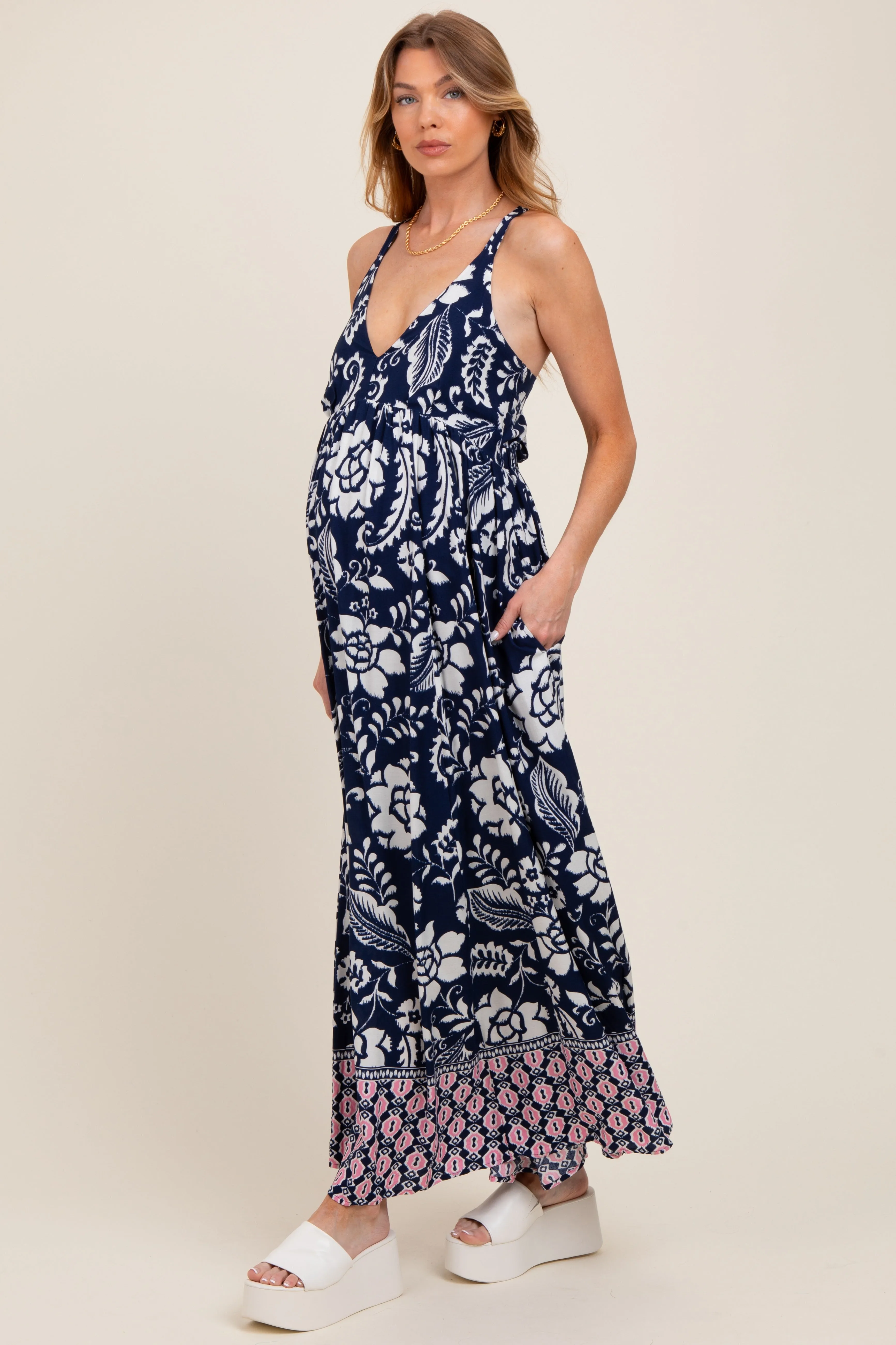 Navy Floral Crisscross Back Cutout Maternity Maxi Dress sold by Pinkblush