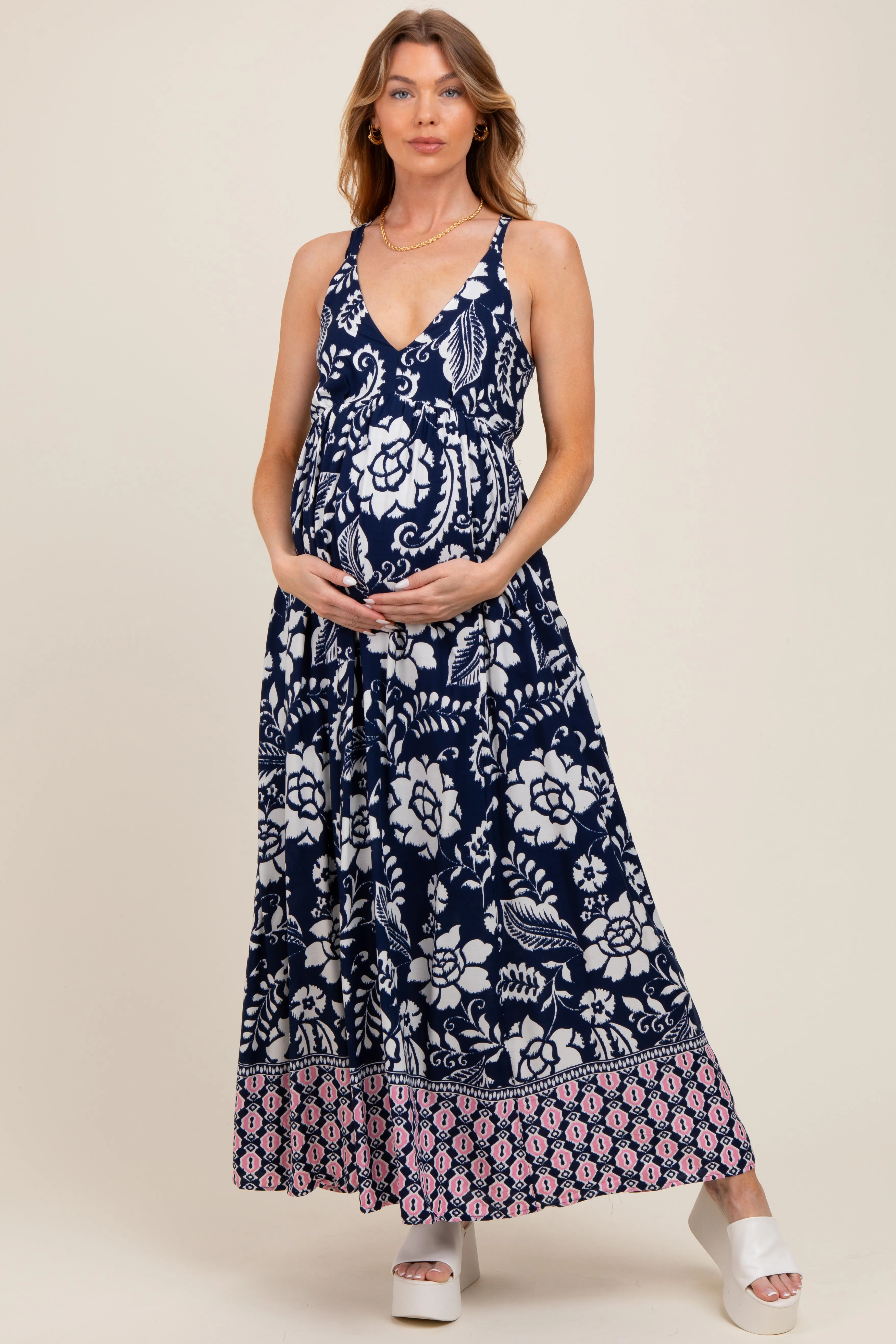 Navy Floral Crisscross Back Cutout Maternity Maxi Dress sold by Pinkblush product image thumbnail 2