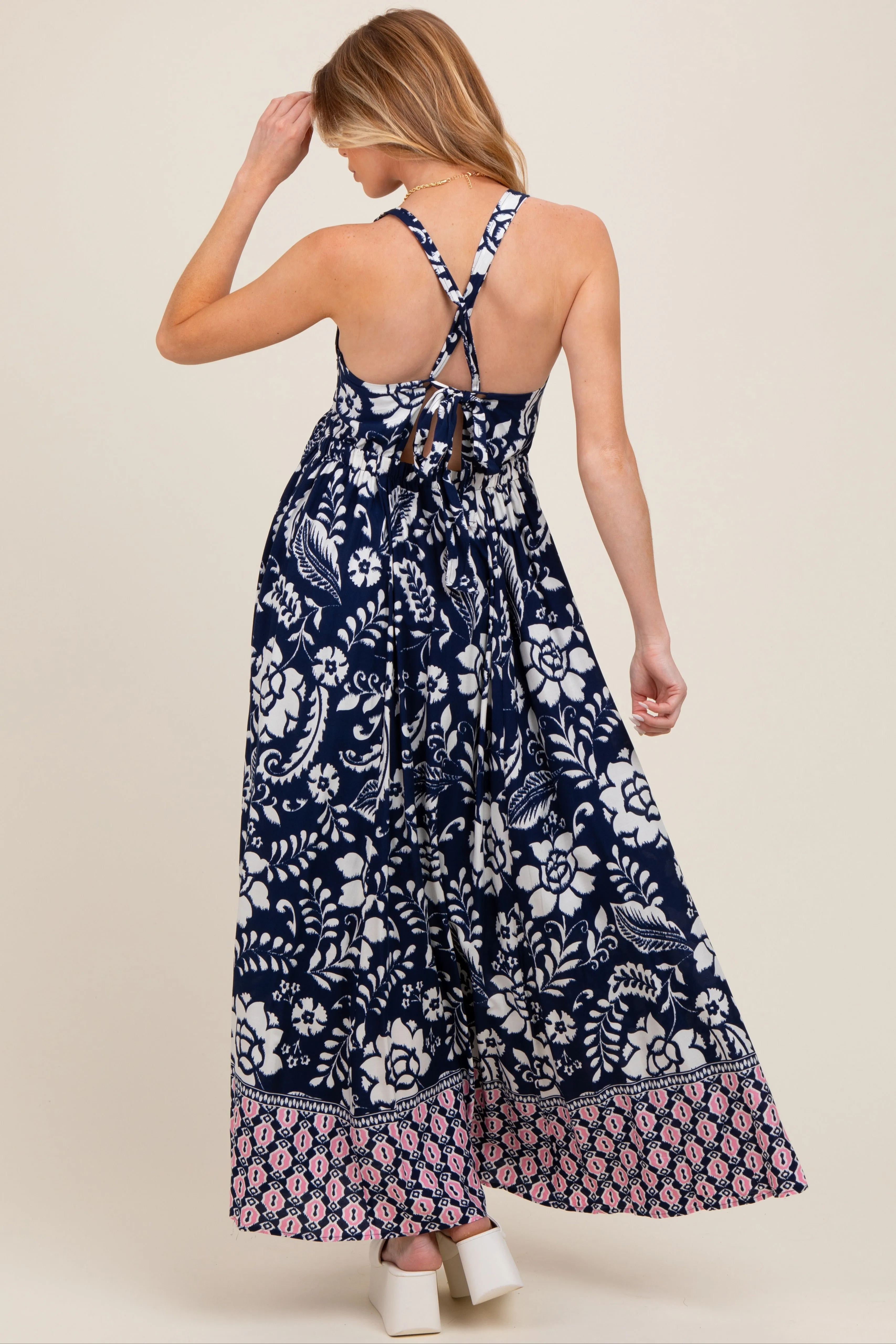 Navy Floral Crisscross Back Cutout Maternity Maxi Dress sold by Pinkblush product image thumbnail 3
