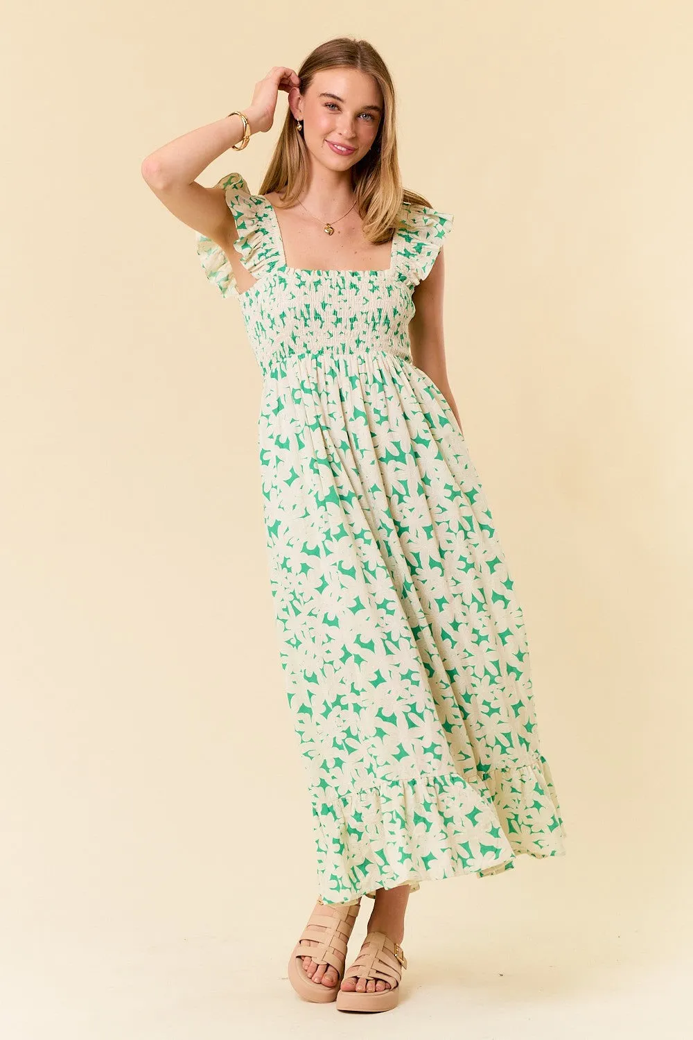 Green Floral Print Smocked Ruffle Sleeve Maternity Maxi Dress sold by Pinkblush product image thumbnail 5