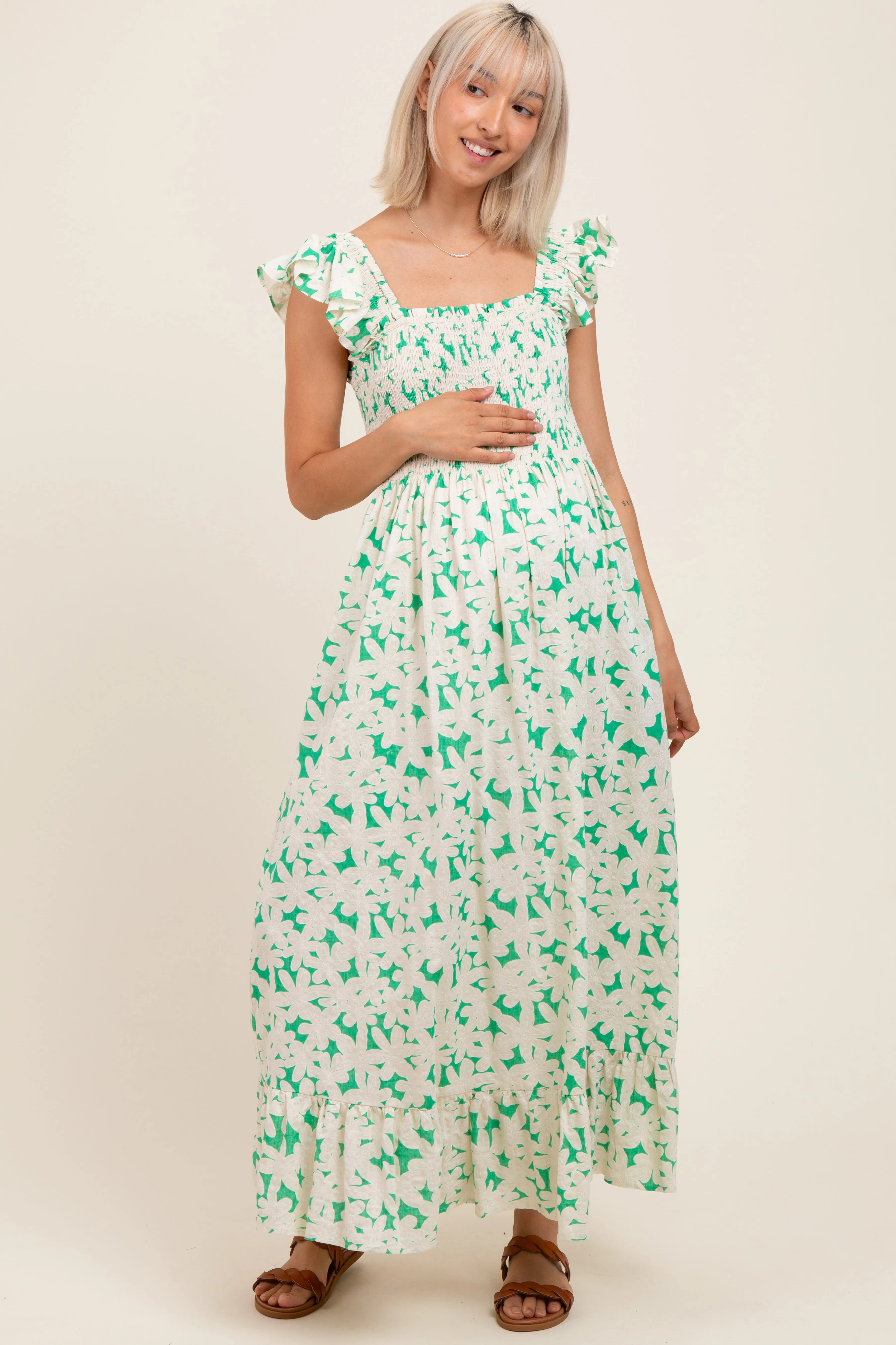 Green Floral Print Smocked Ruffle Sleeve Maternity Maxi Dress sold by Pinkblush product image thumbnail 2