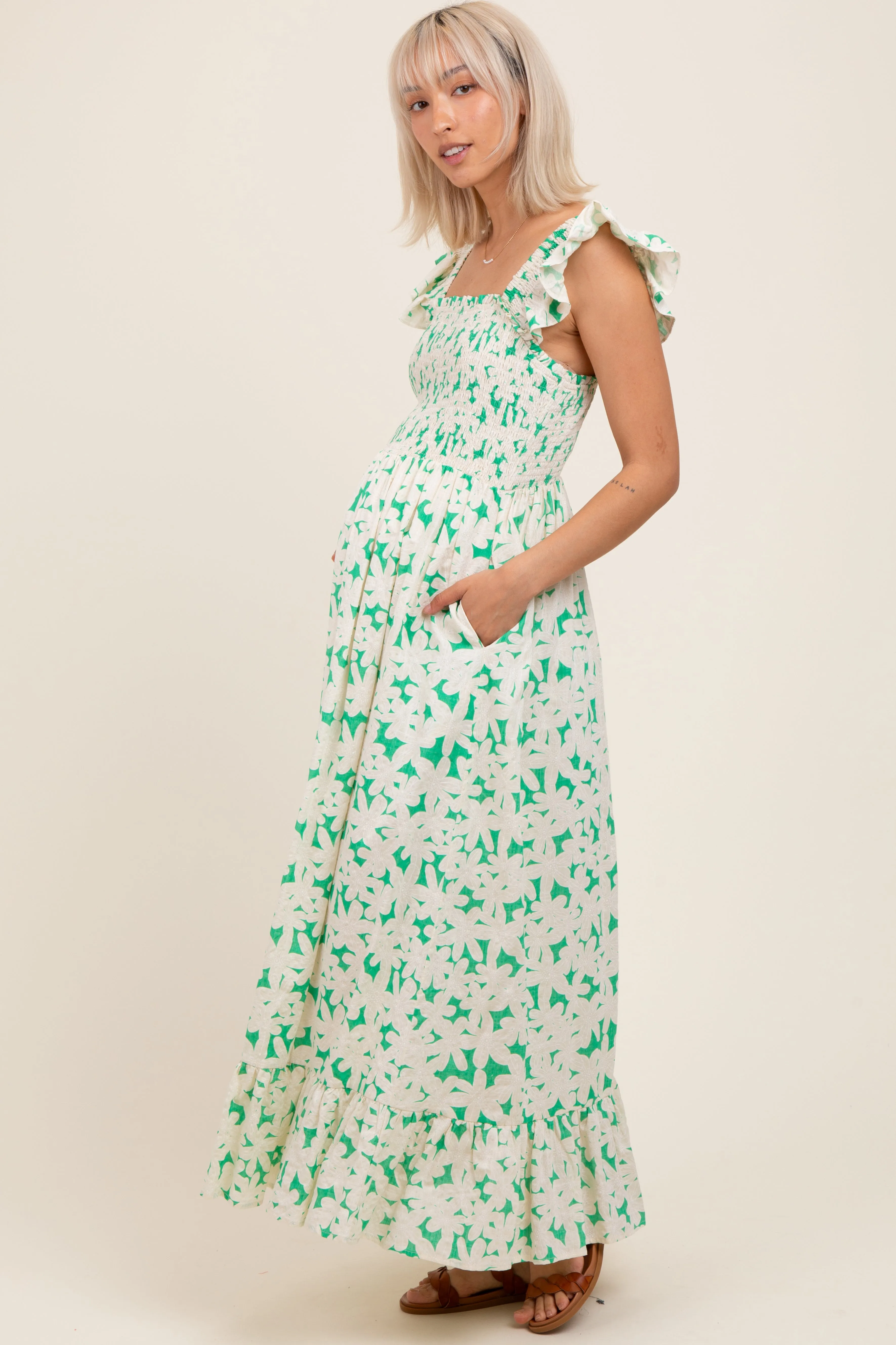 Green Floral Print Smocked Ruffle Sleeve Maternity Maxi Dress sold by Pinkblush product image thumbnail 3