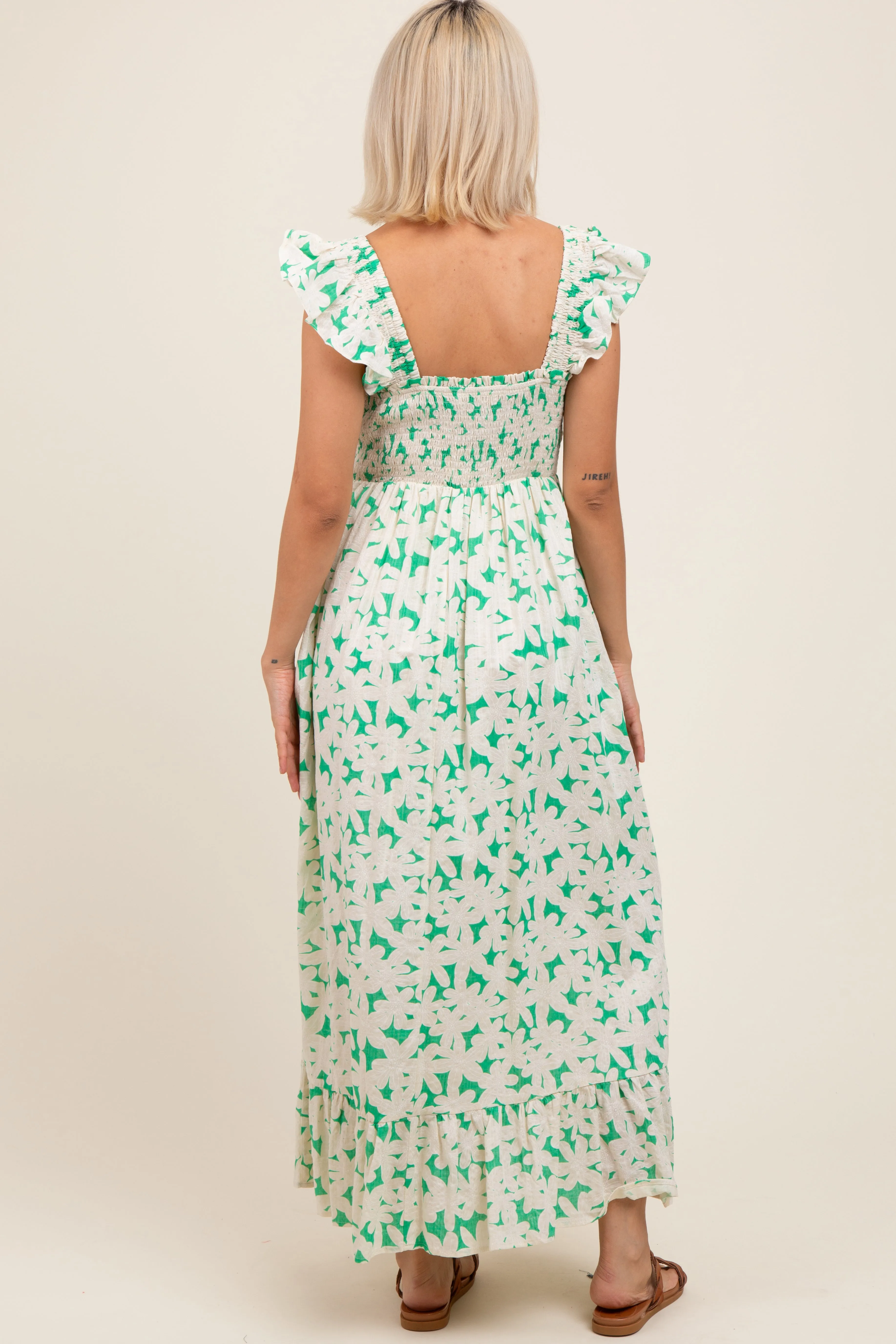 Green Floral Print Smocked Ruffle Sleeve Maternity Maxi Dress sold by Pinkblush product image thumbnail 4