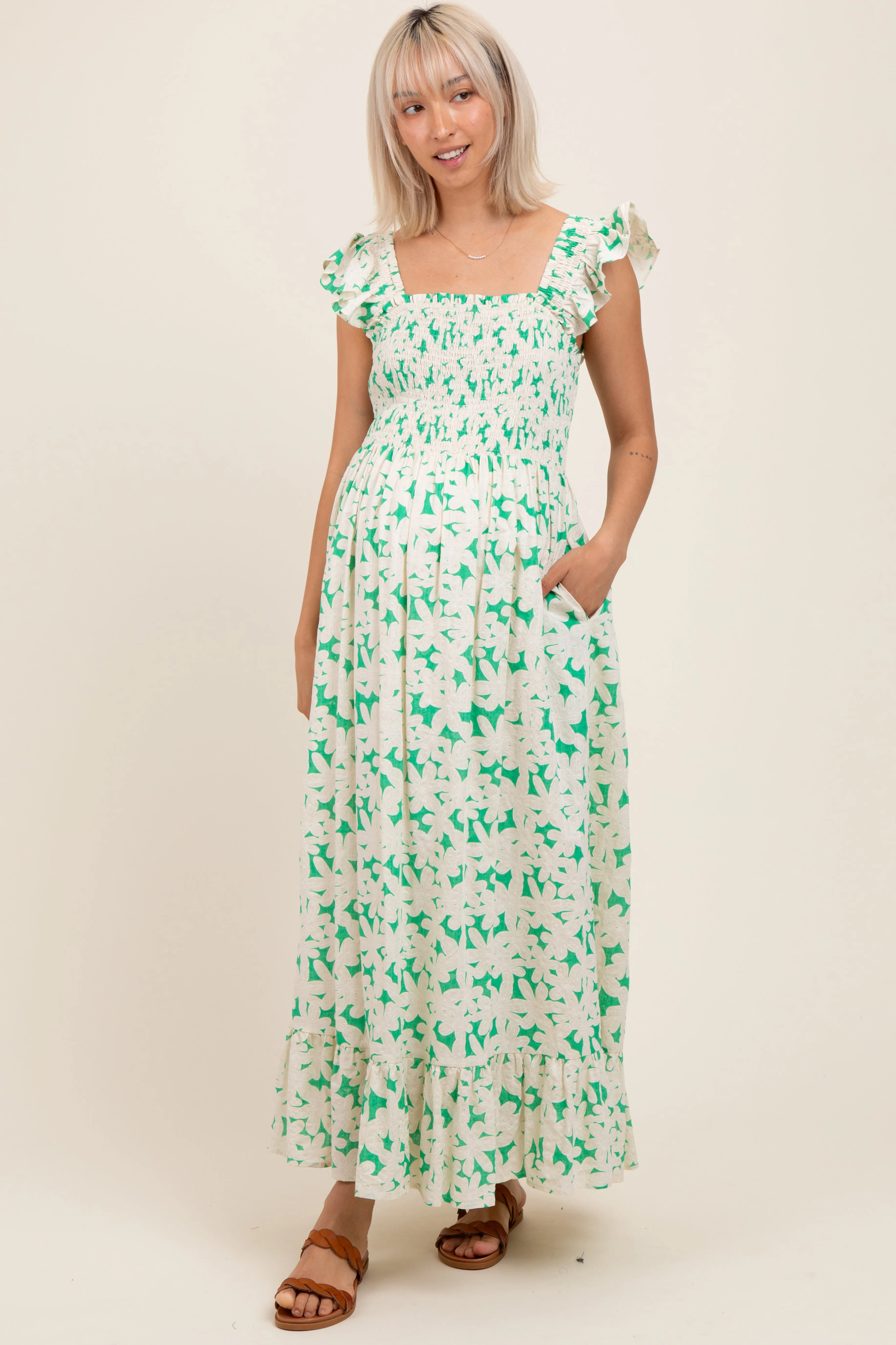 Green Floral Print Smocked Ruffle Sleeve Maternity Maxi Dress sold by Pinkblush
