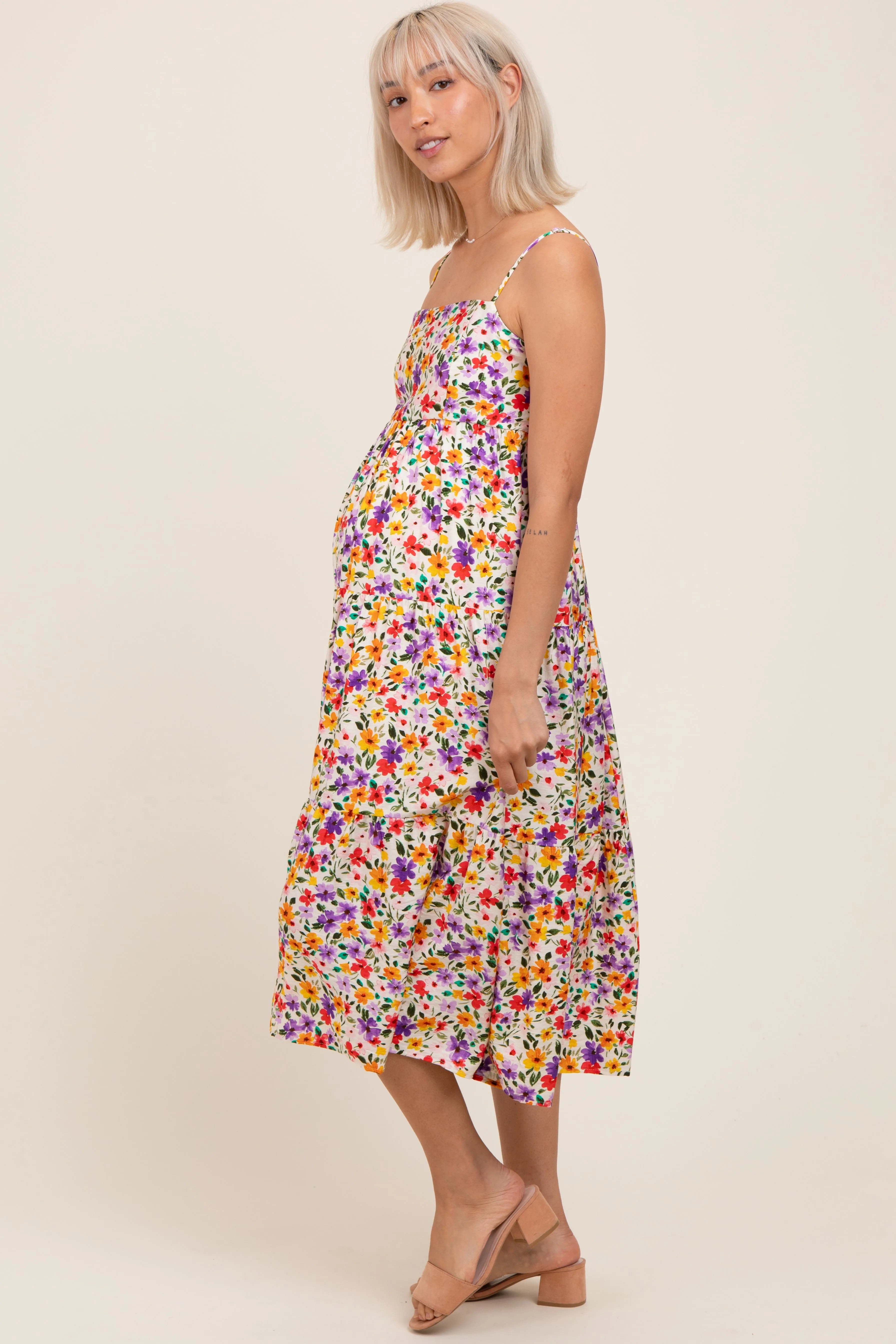 Ivory Floral Cami Strap Maternity Midi Dress sold by Pinkblush product image thumbnail 3