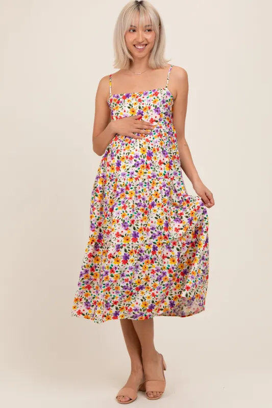 Ivory Floral Cami Strap Maternity Midi Dress sold by Pinkblush