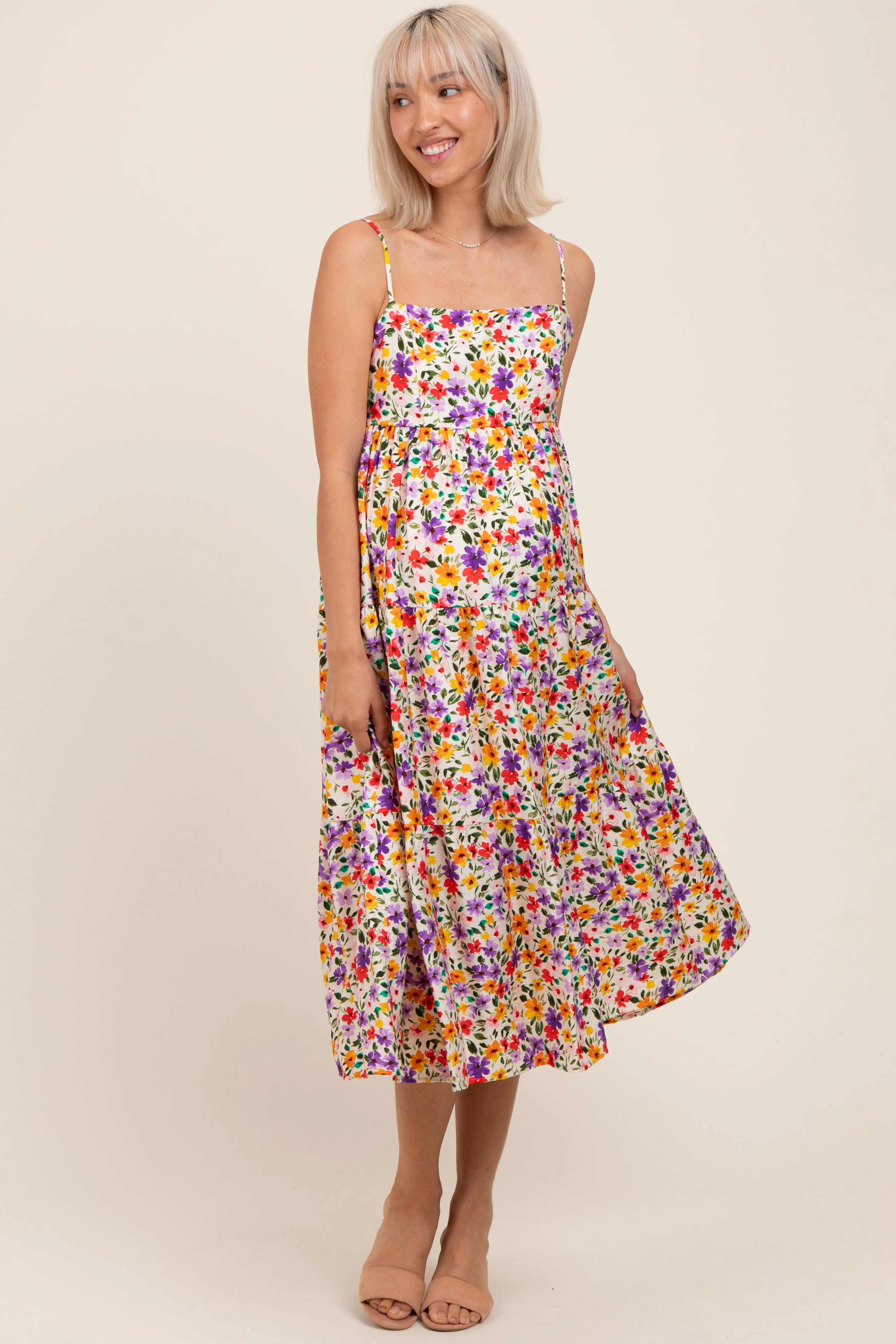 Ivory Floral Cami Strap Maternity Midi Dress sold by Pinkblush product image thumbnail 2