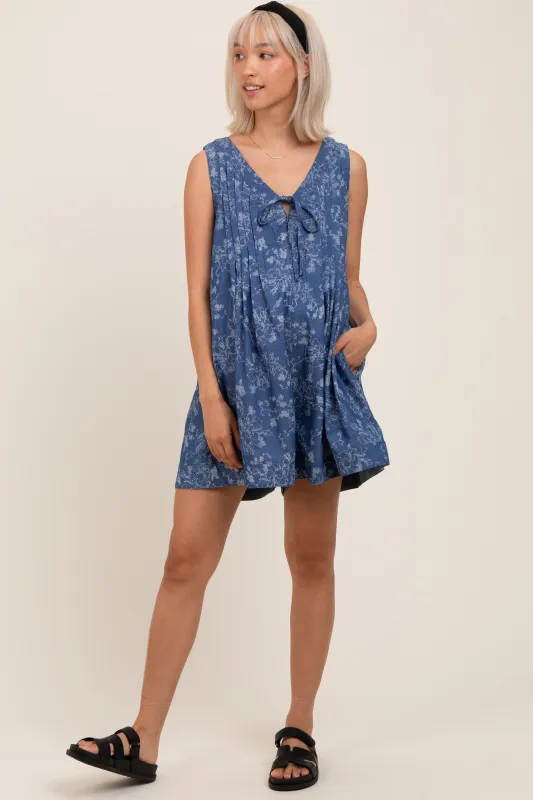 Navy Blue Floral Chambray Pleat Front Maternity Romper sold by Pinkblush