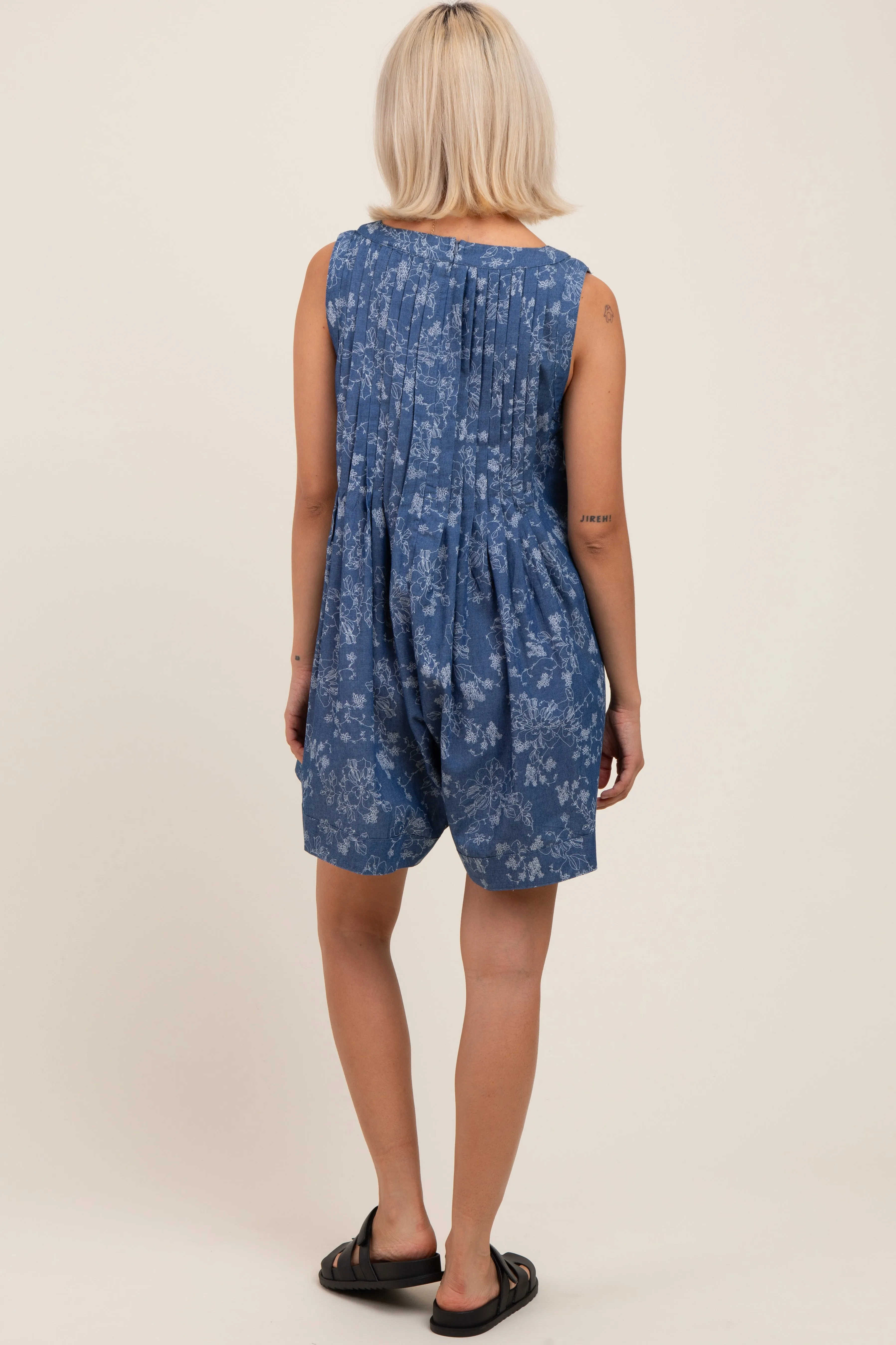 Navy Blue Floral Chambray Pleat Front Maternity Romper sold by Pinkblush product image thumbnail 2