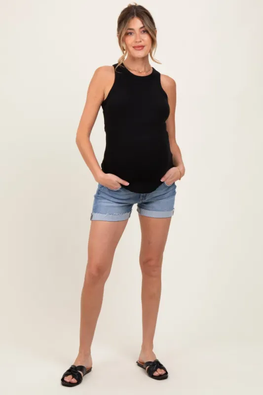 Blue Raw Hem Cuffed Maternity Jean Shorts sold by Pinkblush