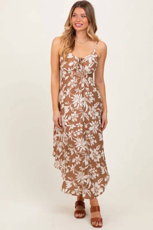 Camel Tropical Floral Front Cinch Tie Midi Dress sold by Pinkblush