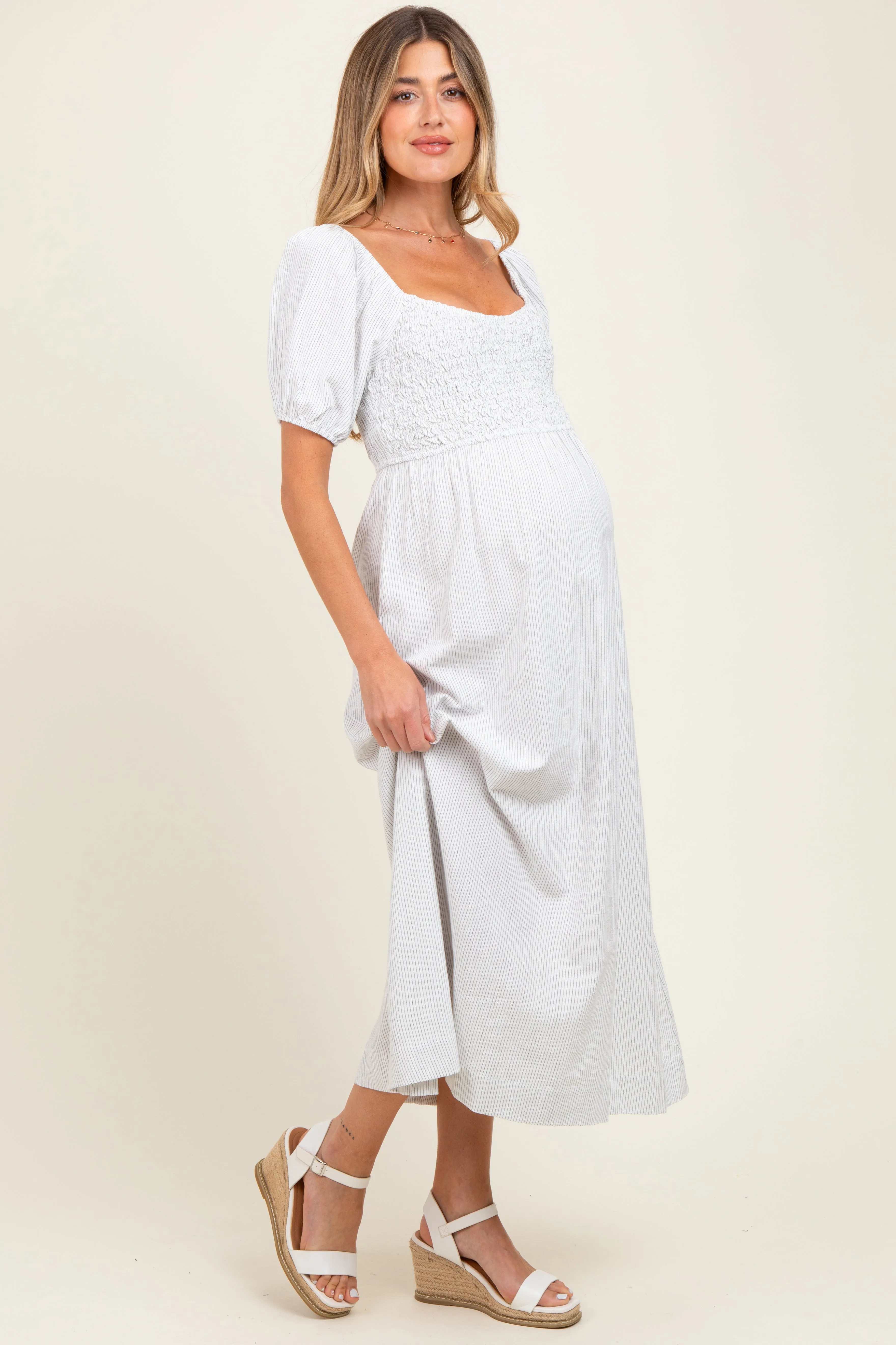 White Popcorn Smocking Bubble Sleeve Maternity Midi Dress sold by Pinkblush product image thumbnail 3