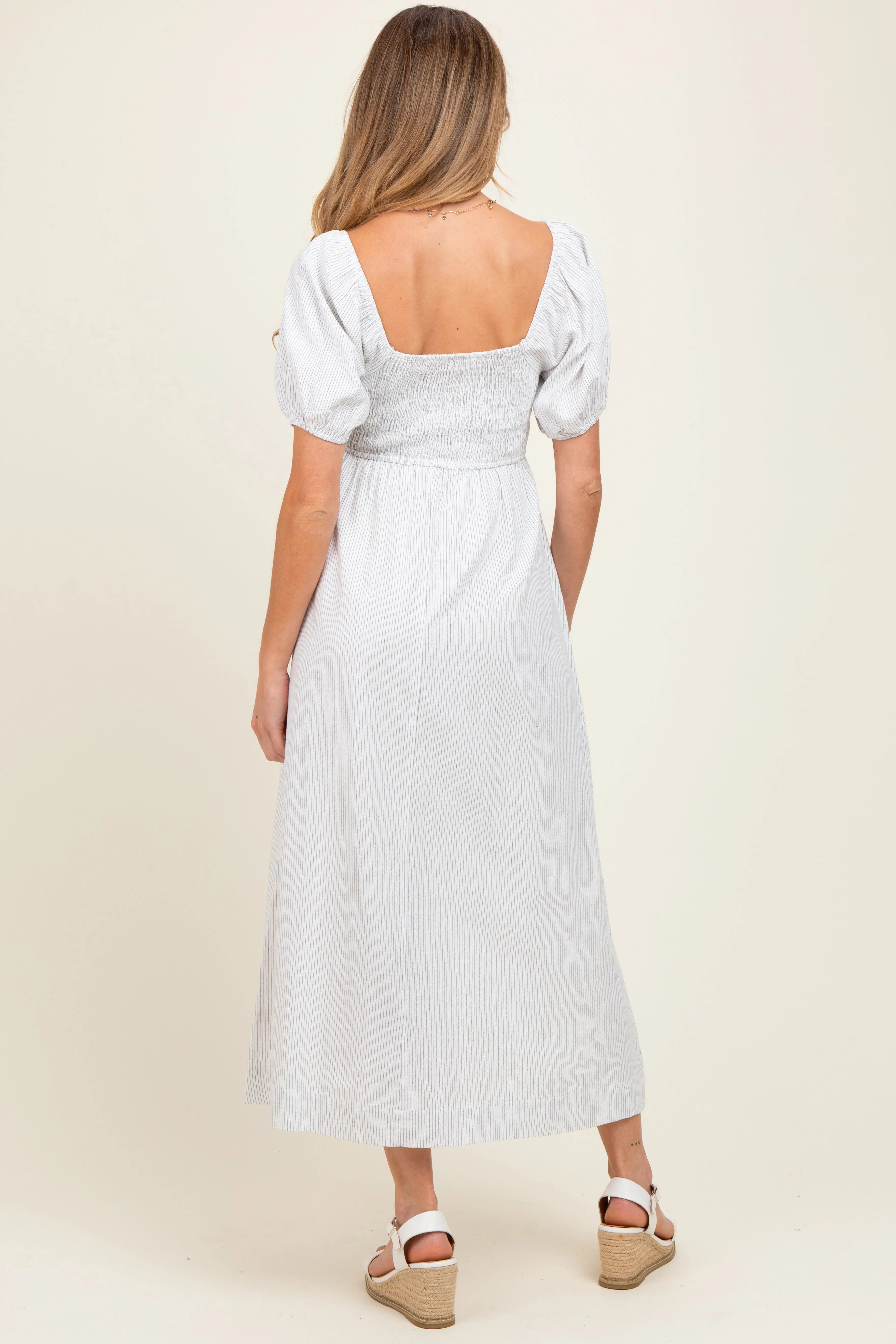 White Popcorn Smocking Bubble Sleeve Maternity Midi Dress sold by Pinkblush product image thumbnail 4